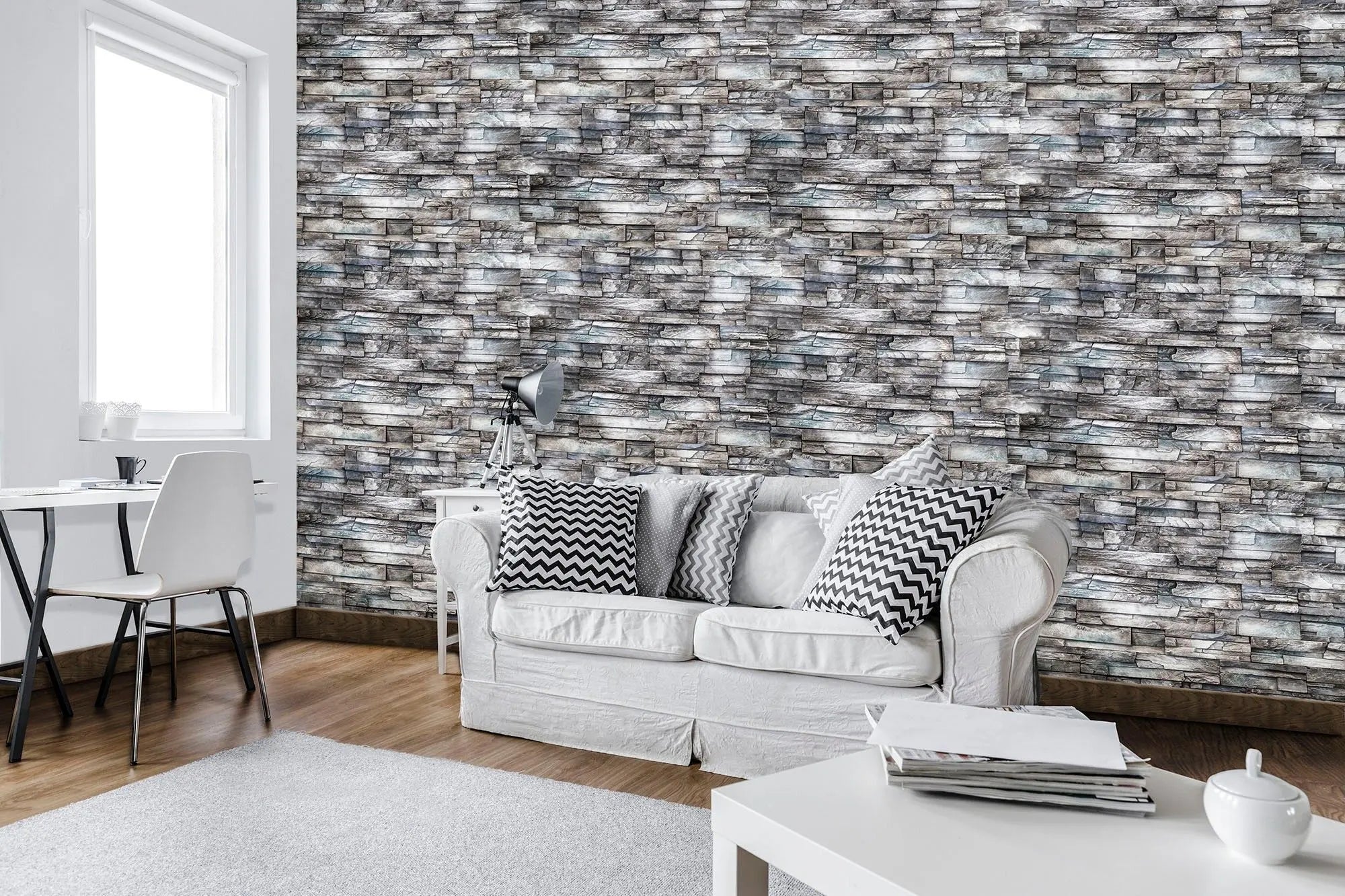 Billede 3 af Fototapet - Grå stenvæg med mønstret struktur