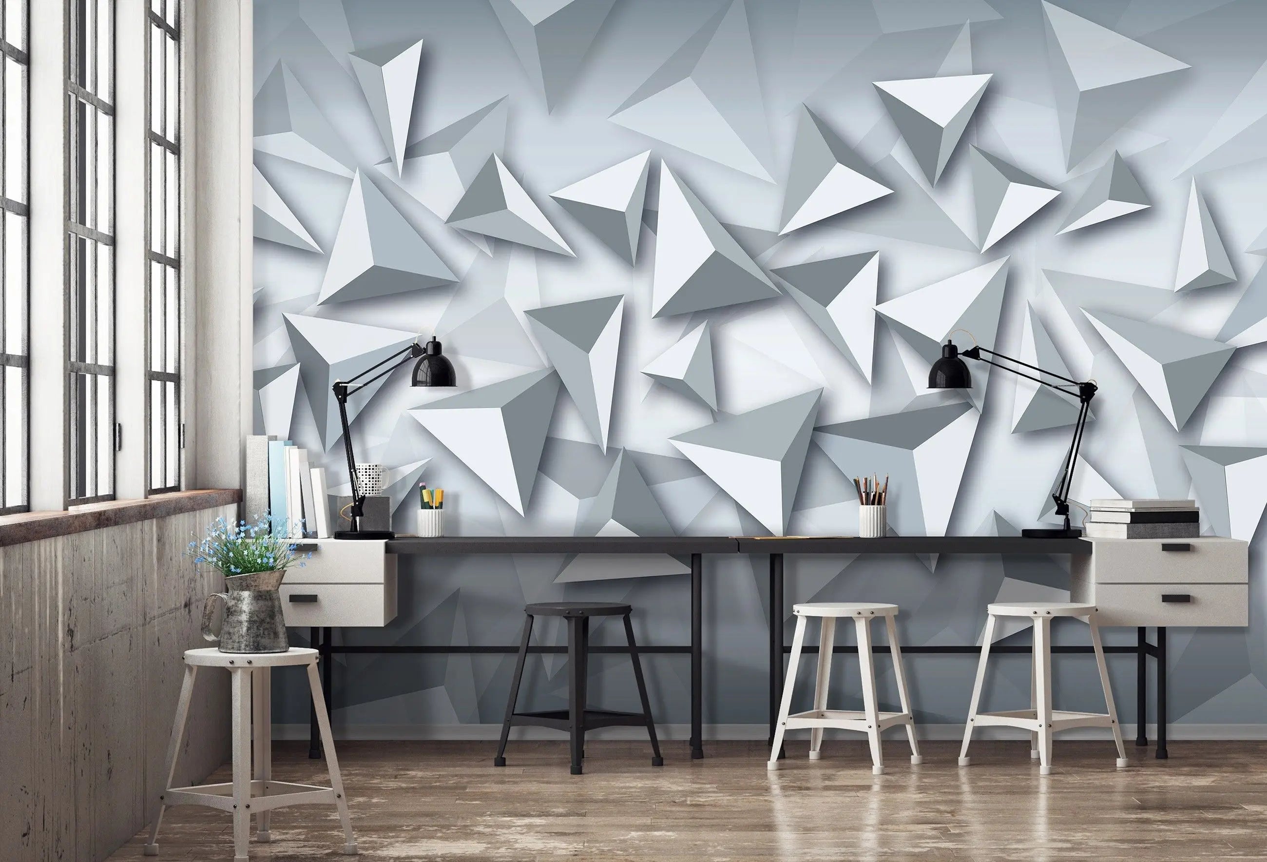 Billede 13 af Fototapet - Grå tredimensionale trekantede former på lys baggrund
