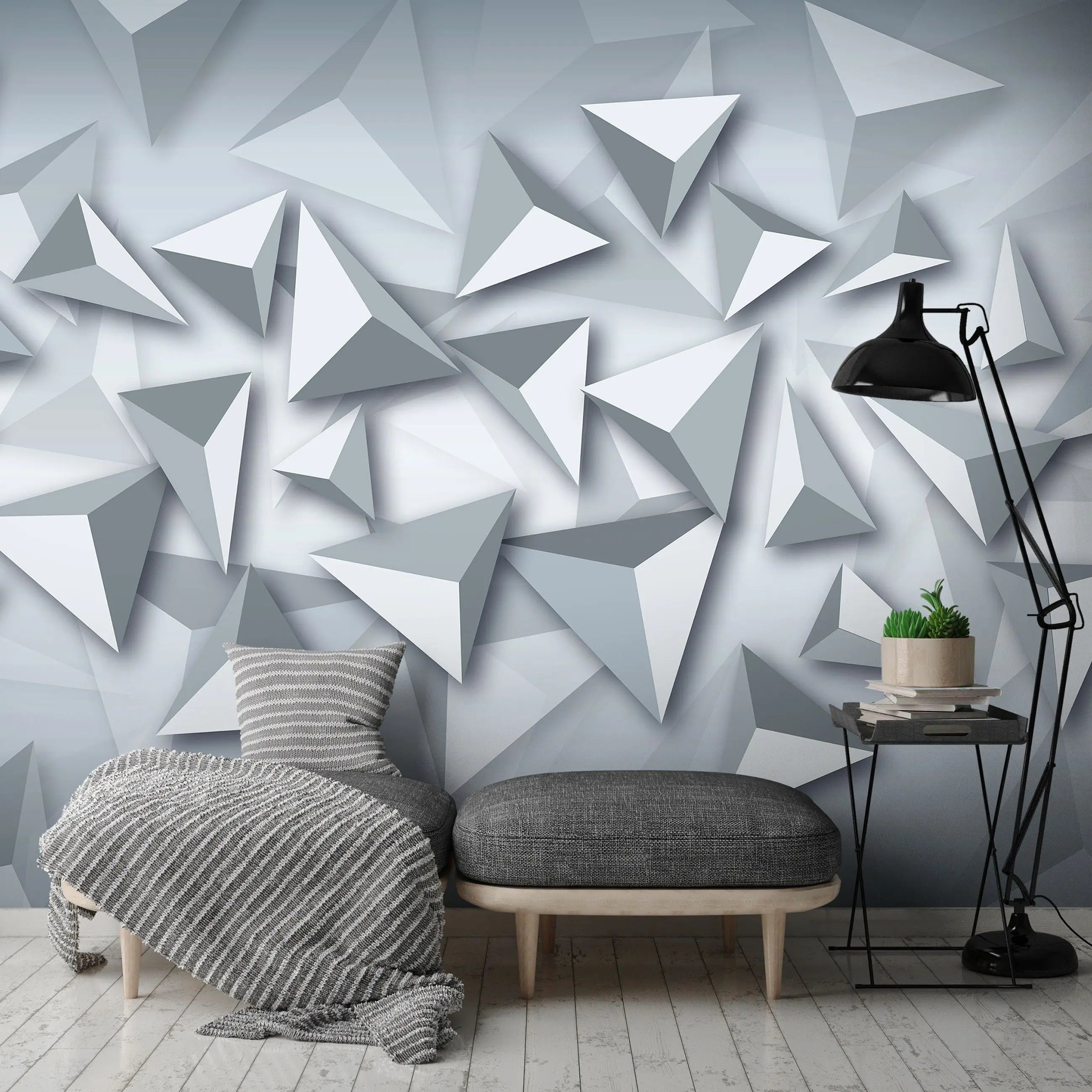 Billede 15 af Fototapet - Grå tredimensionale trekantede former på lys baggrund