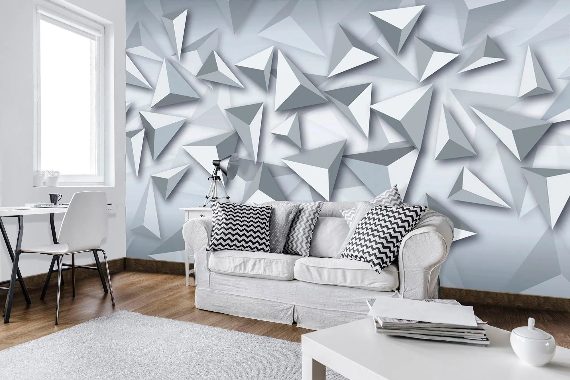 Billede 2 af Fototapet - Grå tredimensionale trekantede former på lys baggrund