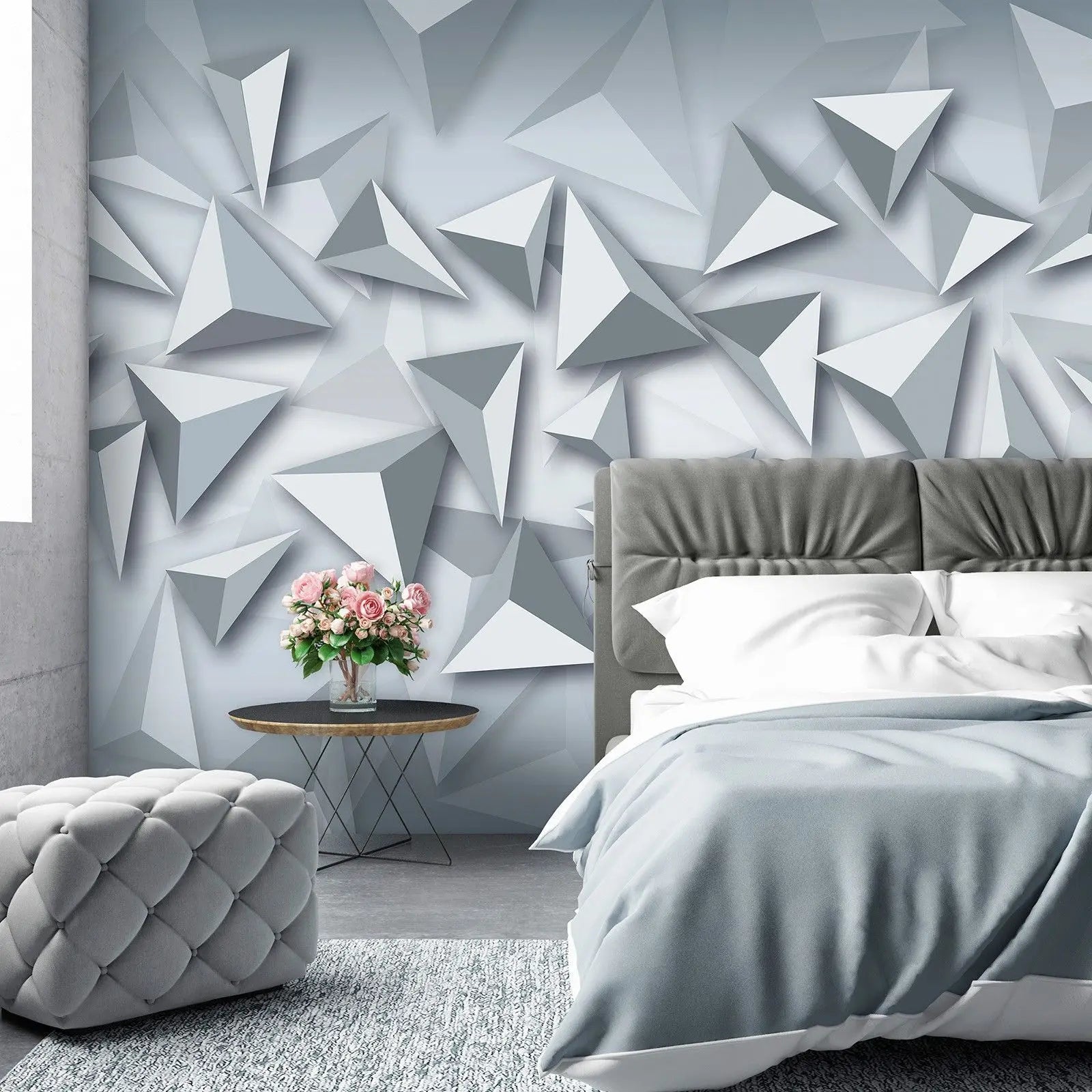 Billede 4 af Fototapet - Grå tredimensionale trekantede former på lys baggrund