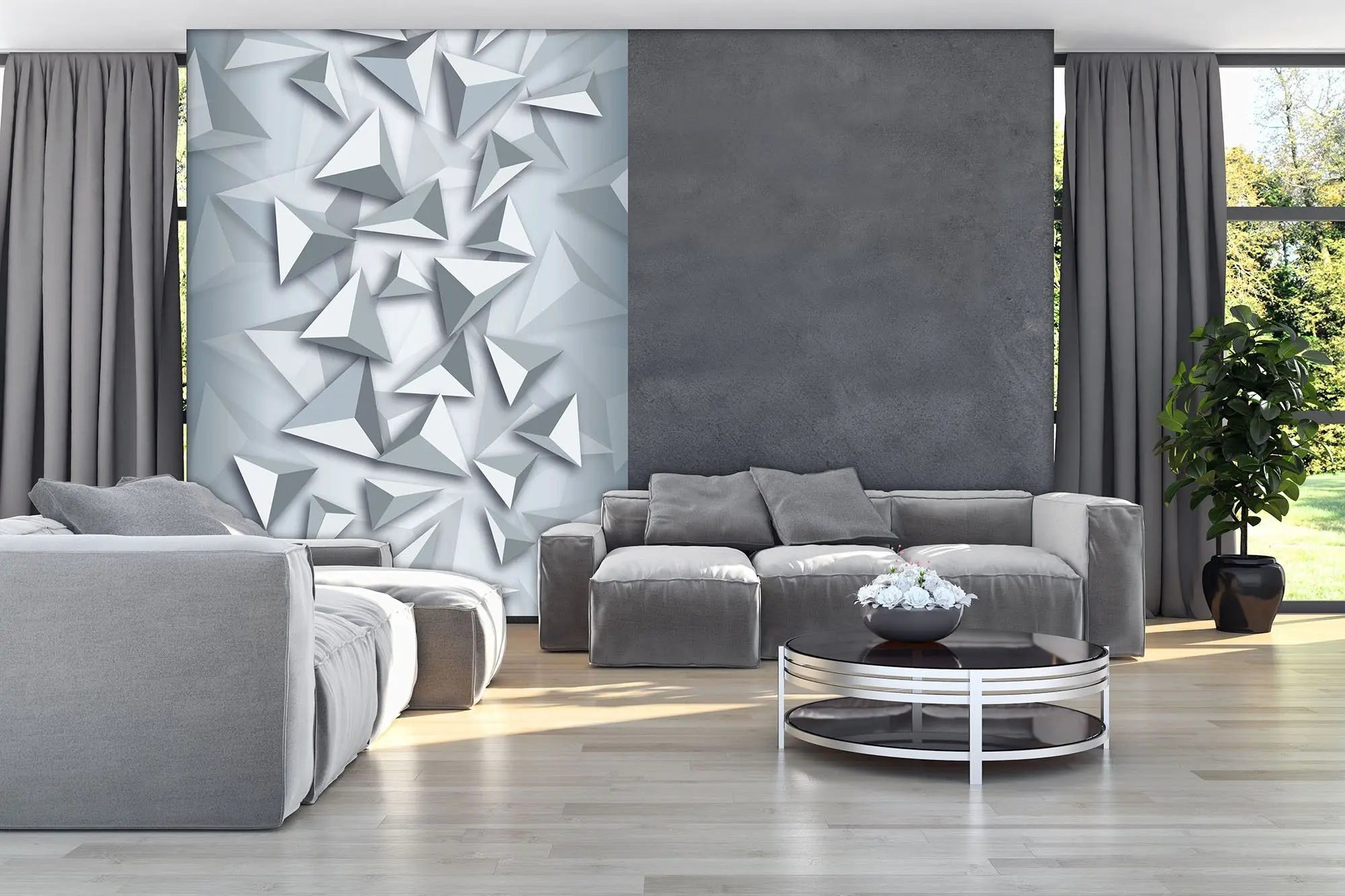 Billede 5 af Fototapet - Grå tredimensionale trekantede former på lys baggrund