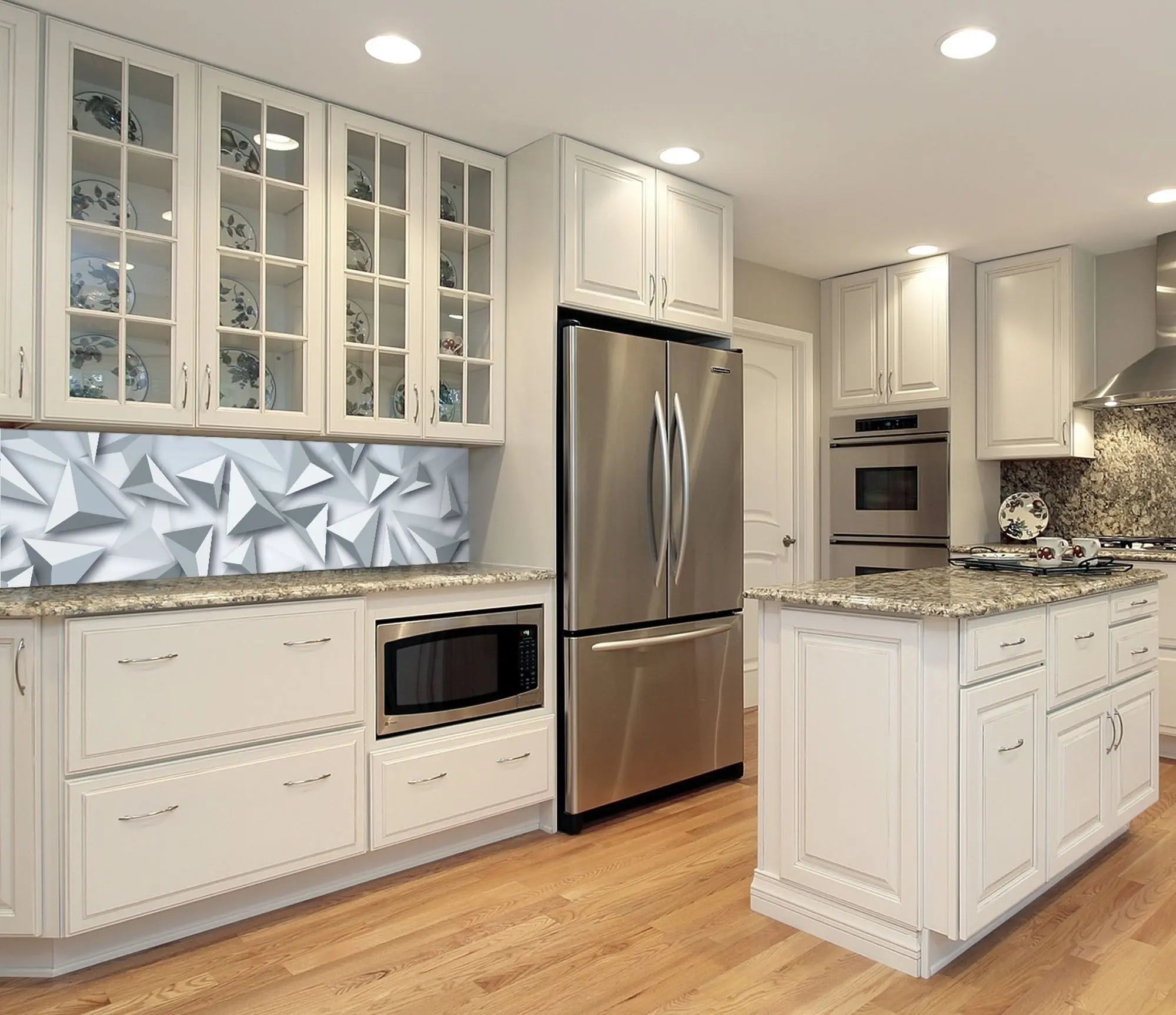 Billede 9 af Fototapet - Grå tredimensionale trekantede former på lys baggrund