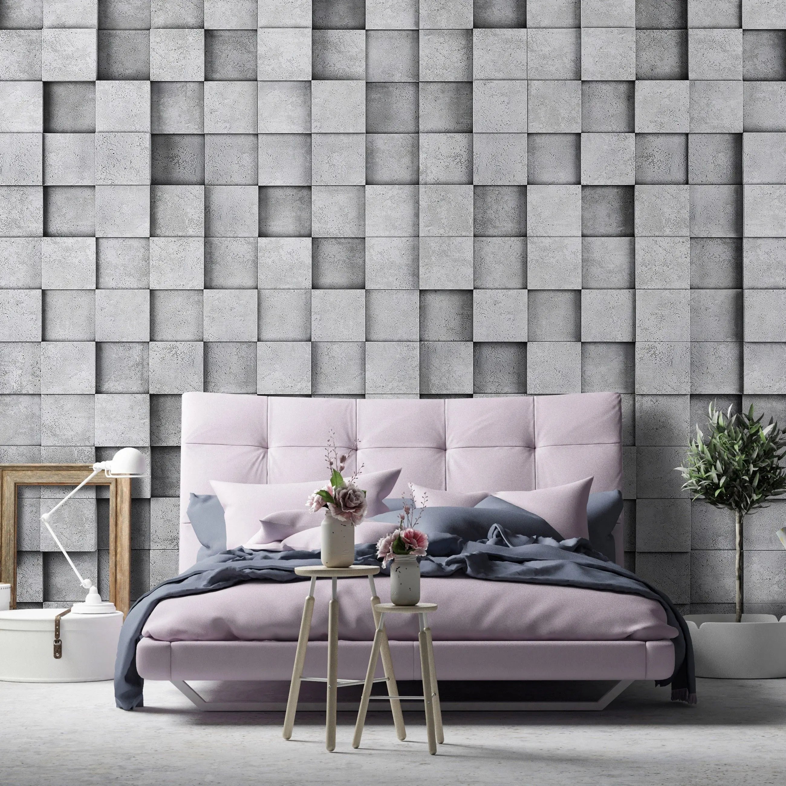Billede 7 af Fototapet - Grå tredimensionel firkantet vægstruktur