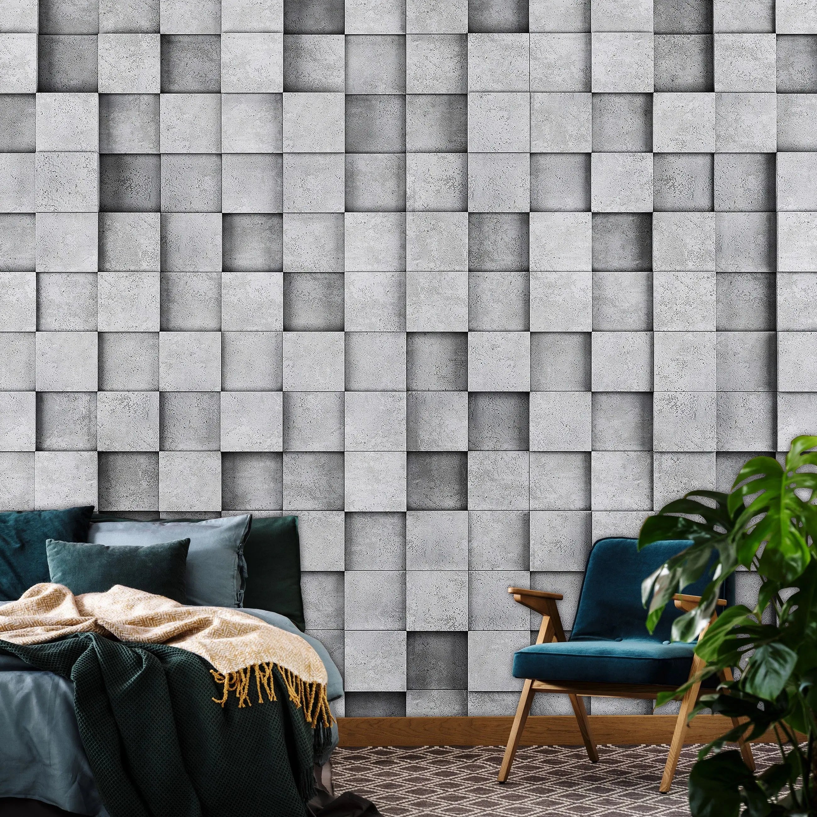 Billede 8 af Fototapet - Grå tredimensionel firkantet vægstruktur