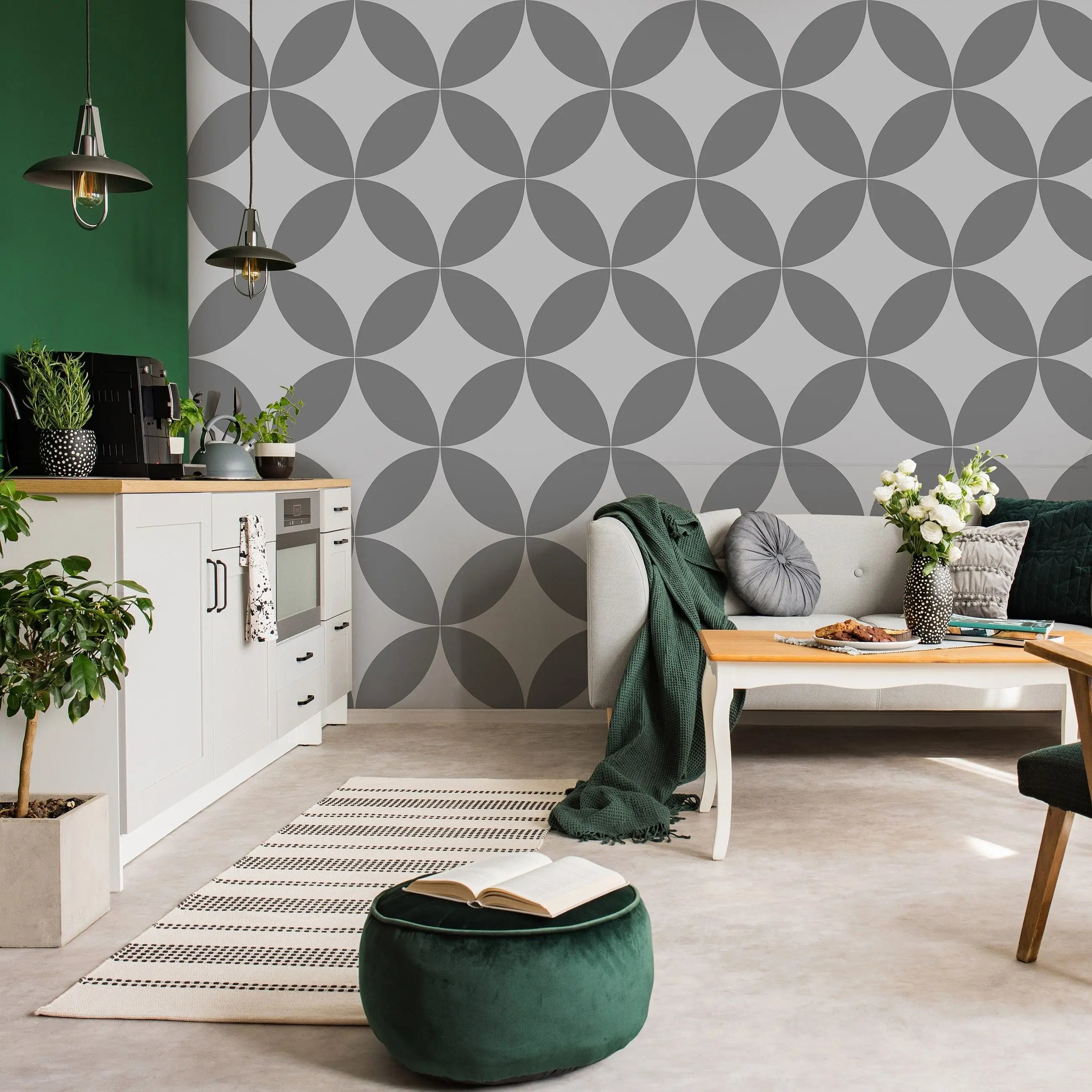 Billede 15 af Fototapet - Gråt geometrisk mønster med cirkler og mandelformer
