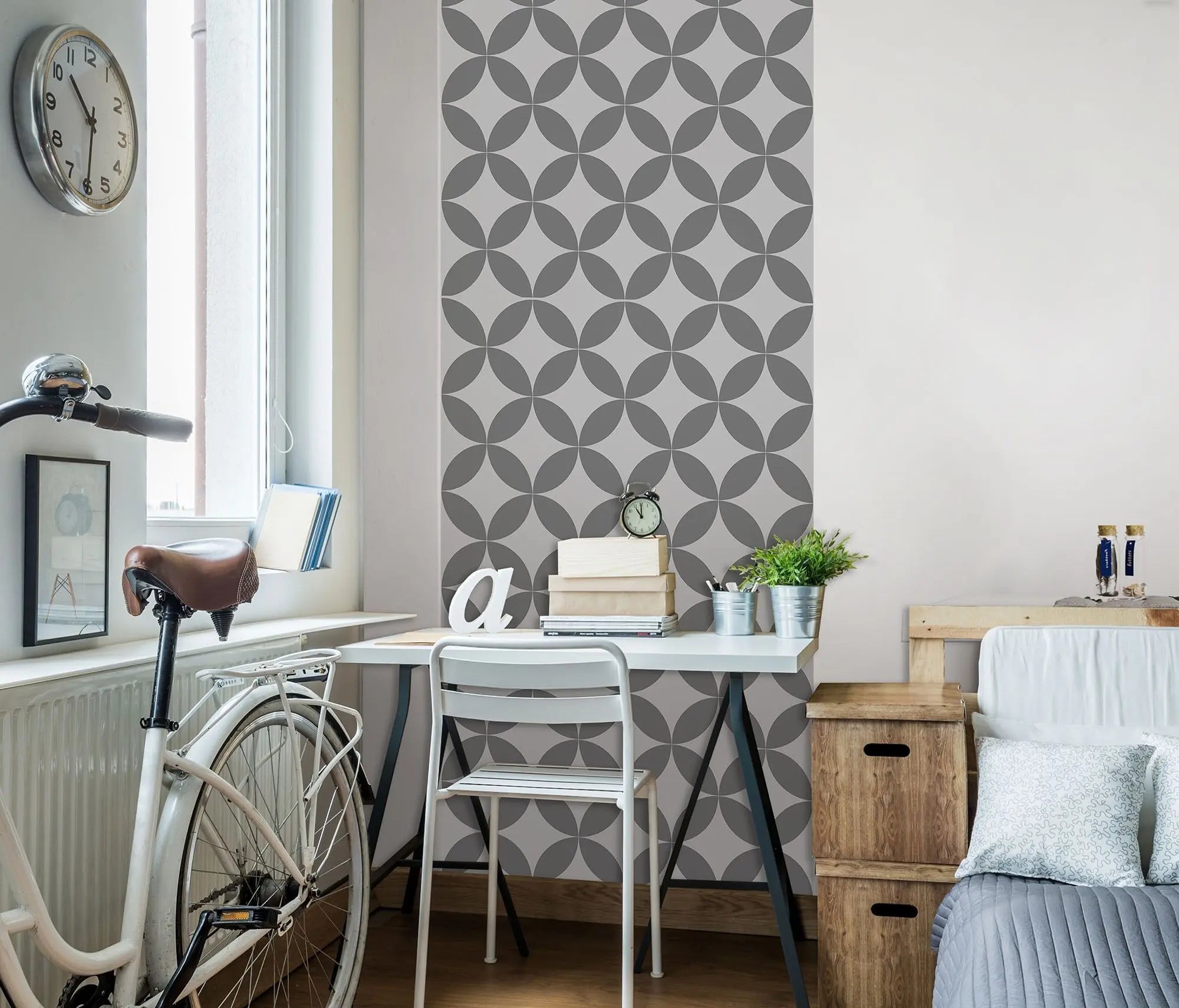 Billede 4 af Fototapet - Gråt geometrisk mønster med cirkler og mandelformer