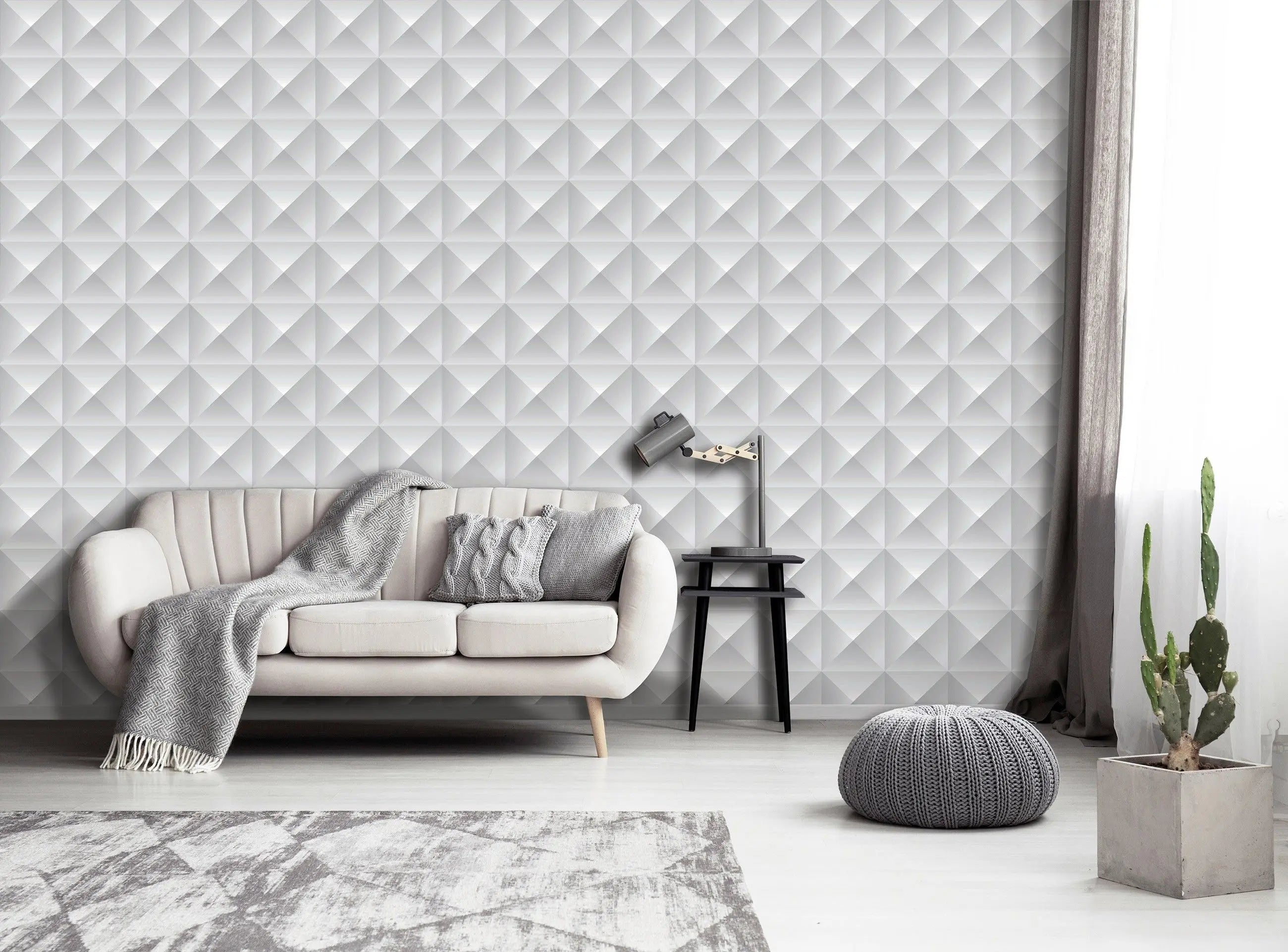 Billede 12 af Fototapet - Gråt geometrisk mønster med pyramideformede felter