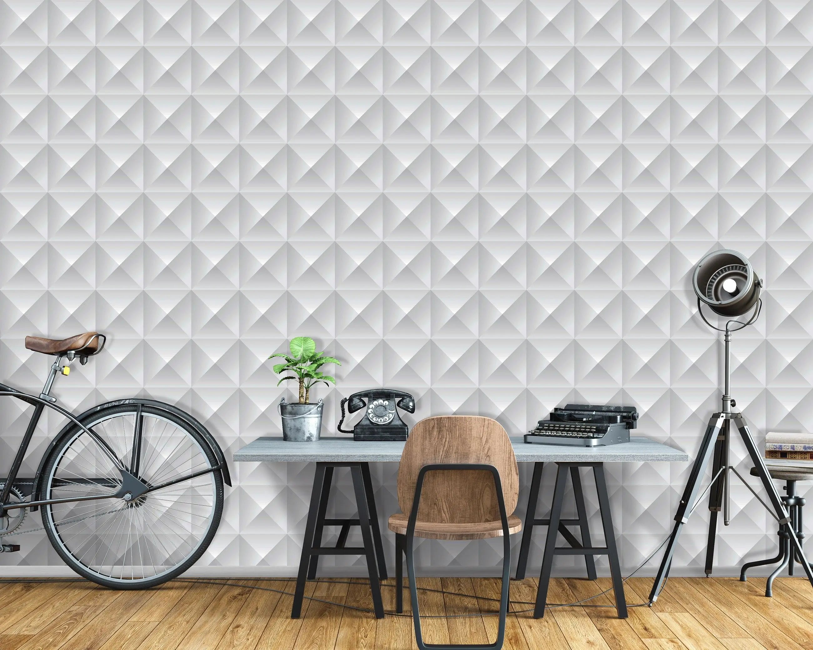 Billede 13 af Fototapet - Gråt geometrisk mønster med pyramideformede felter