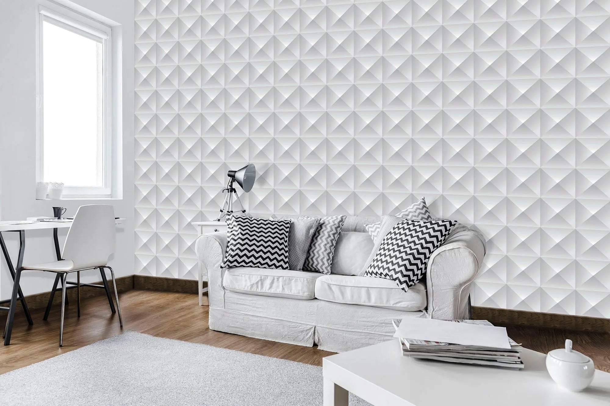 Billede 3 af Fototapet - Gråt geometrisk mønster med pyramideformede felter