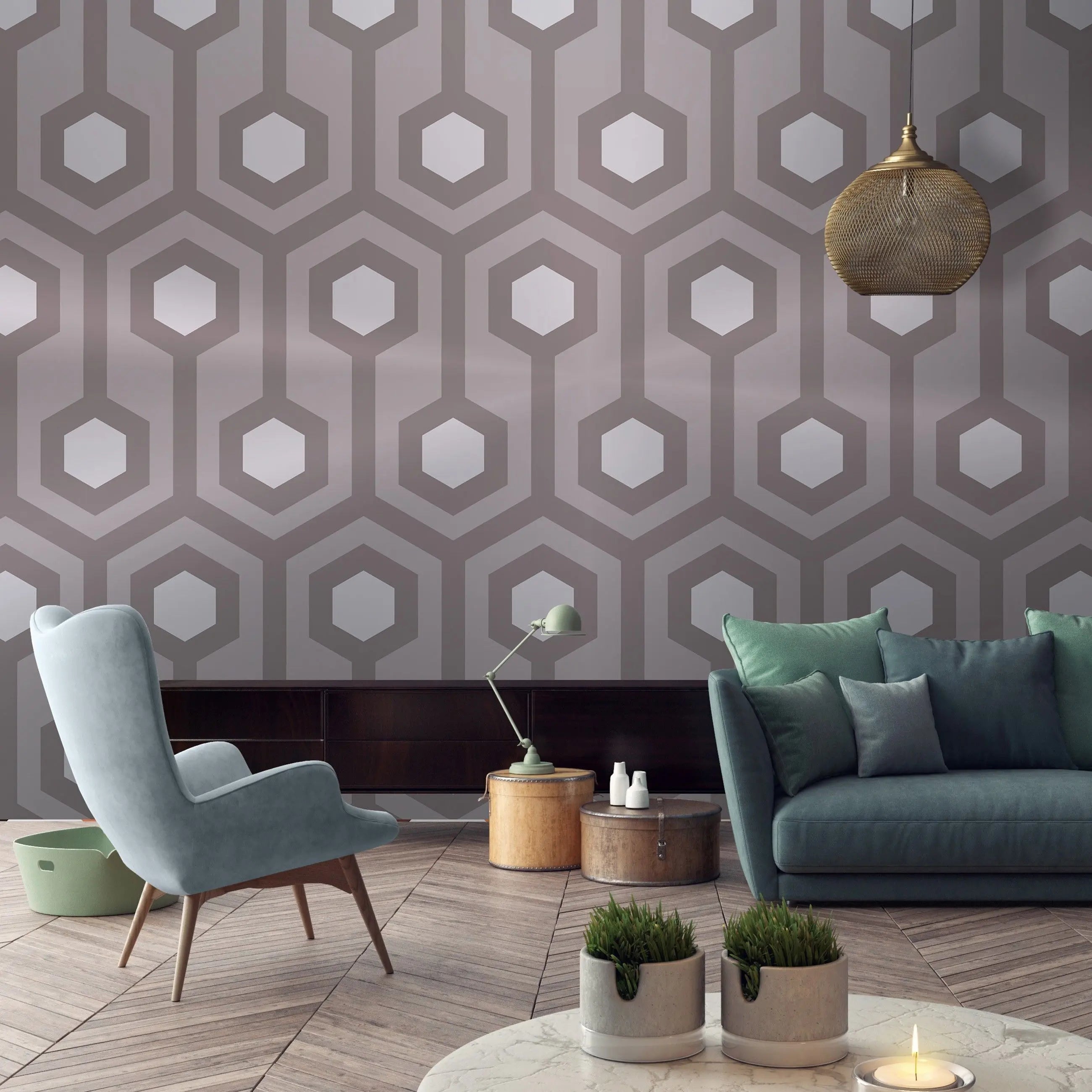 Billede 15 af Fototapet - Gråt geometrisk mønster med sekskanter og linjer