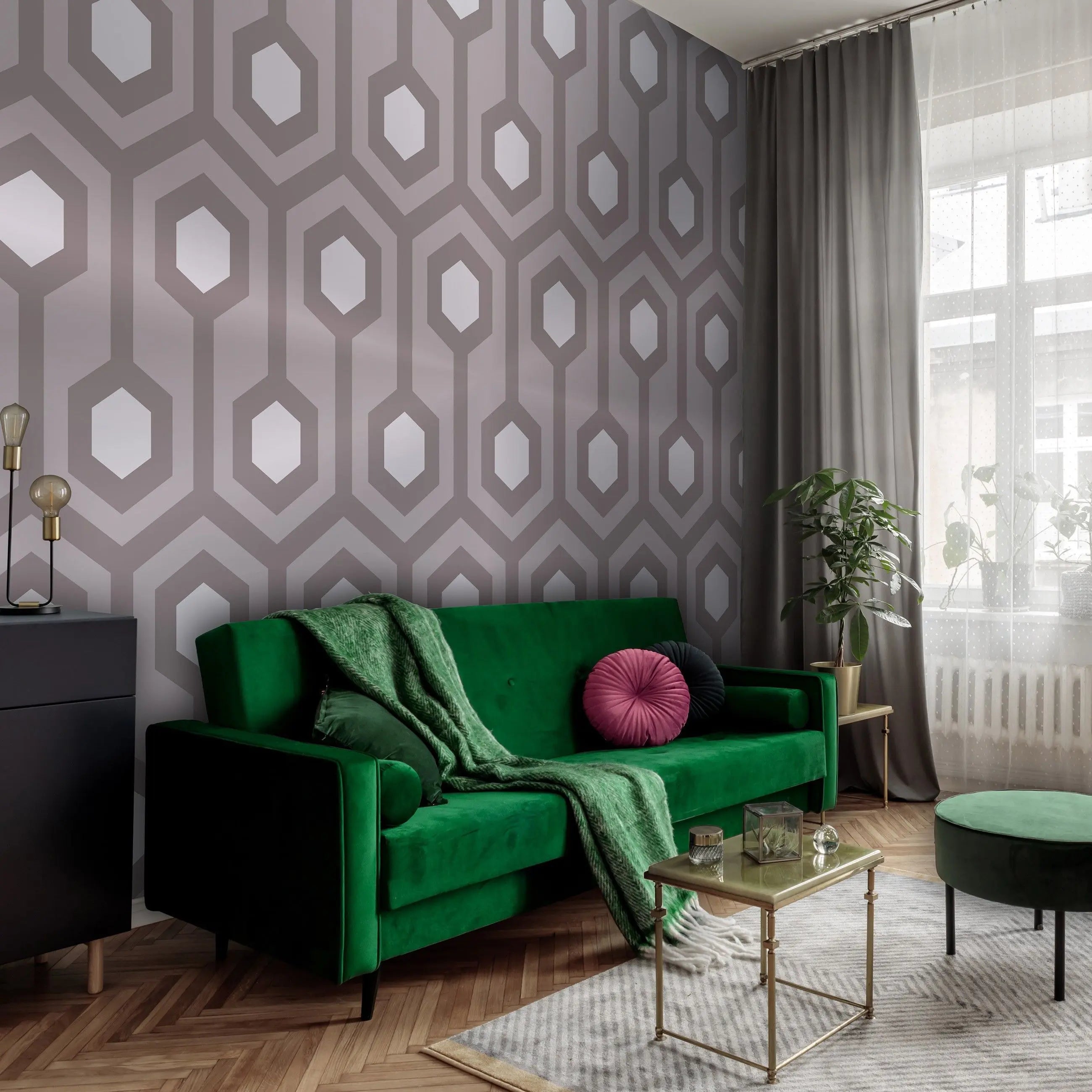 Billede 16 af Fototapet - Gråt geometrisk mønster med sekskanter og linjer