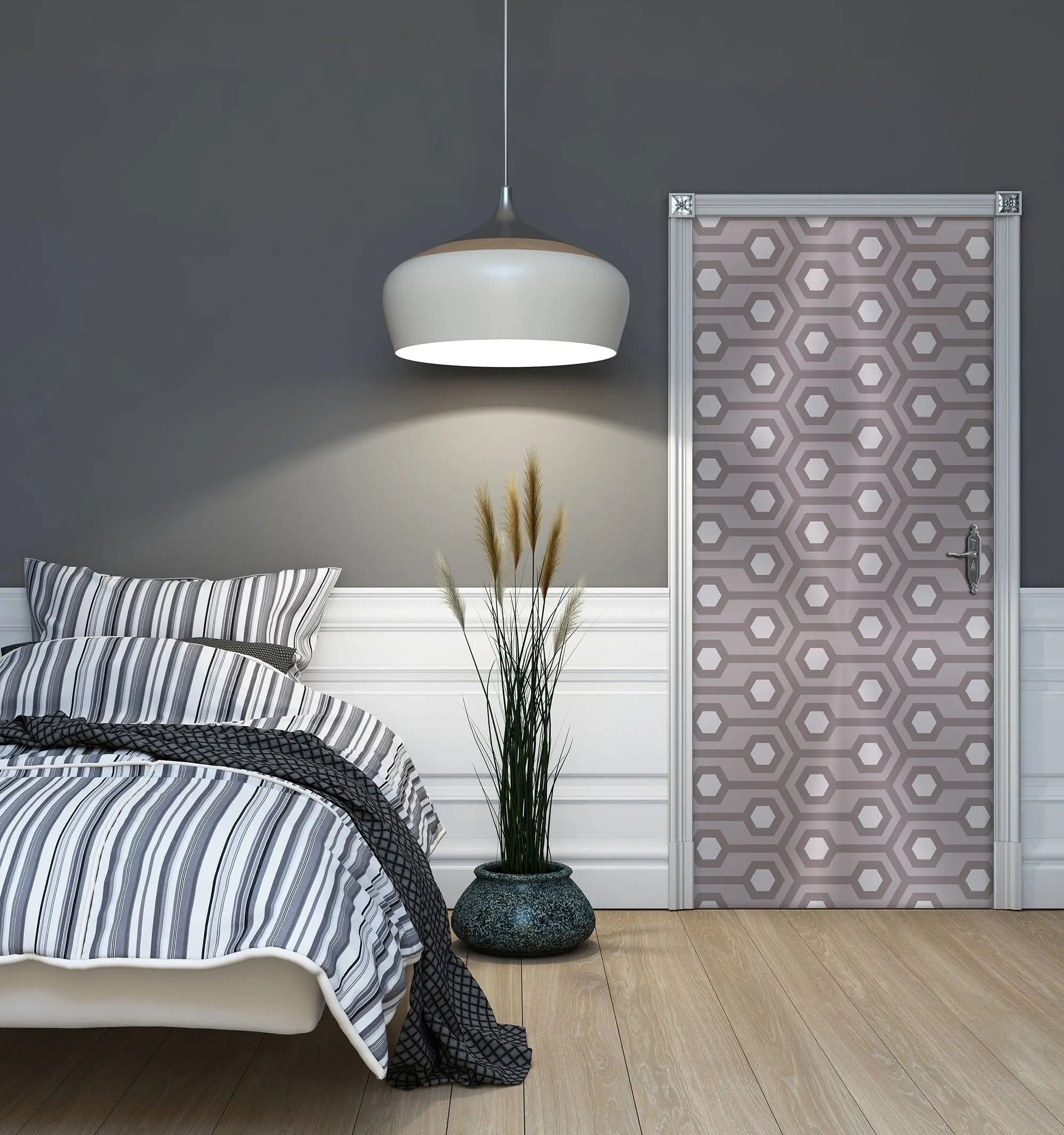 Billede 4 af Fototapet - Gråt geometrisk mønster med sekskanter og linjer