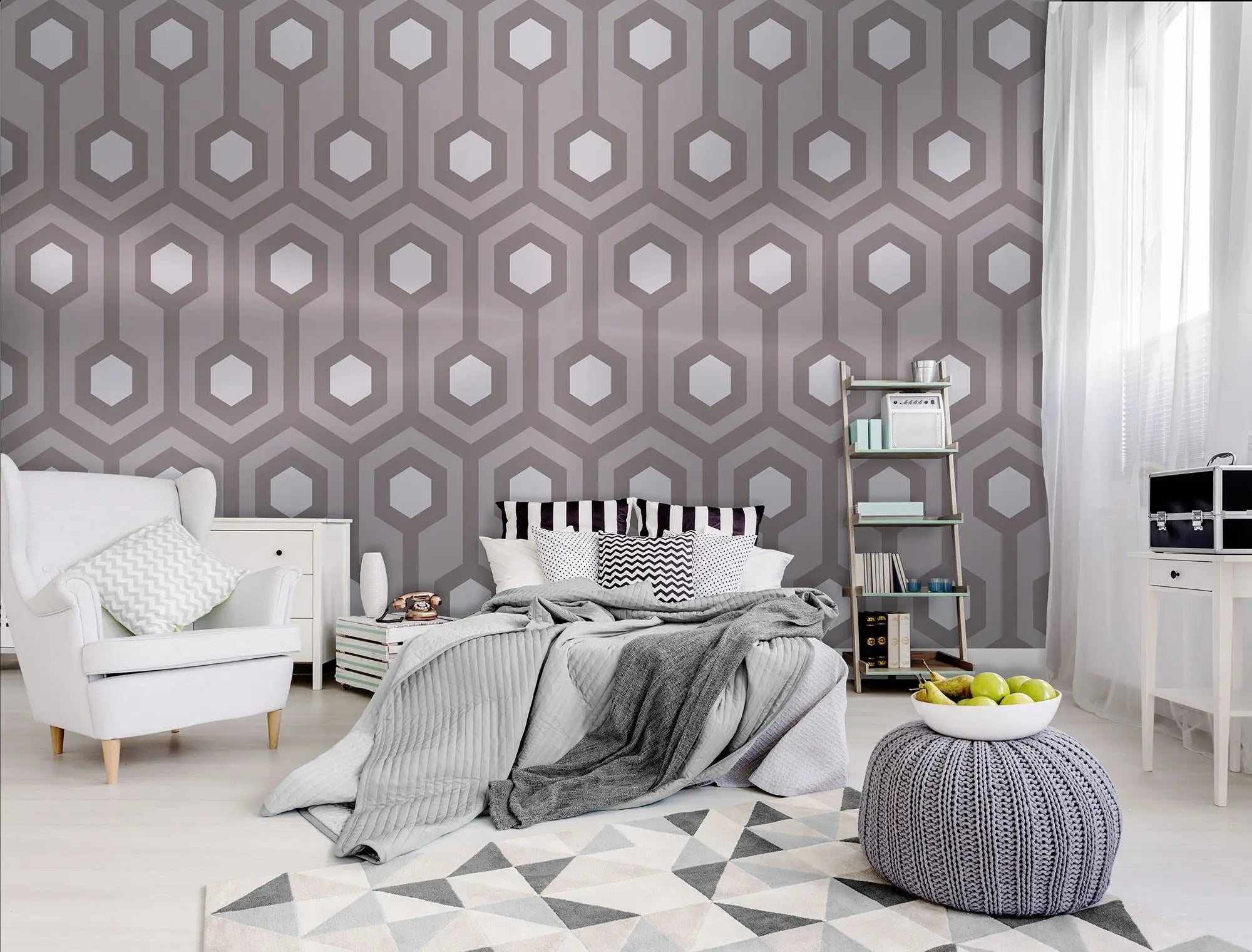 Billede 7 af Fototapet - Gråt geometrisk mønster med sekskanter og linjer