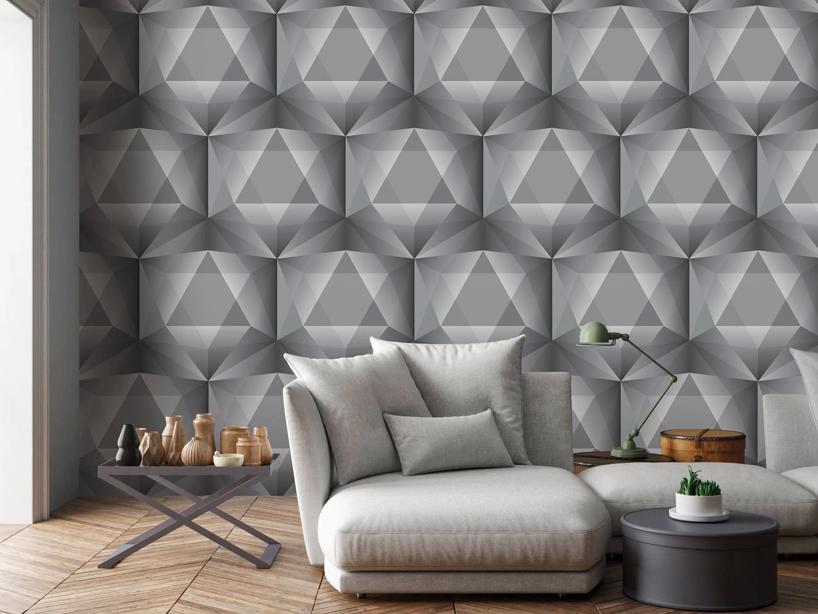 Billede 15 af Fototapet - Gråt geometrisk mønster med tredimensionelle firkanter