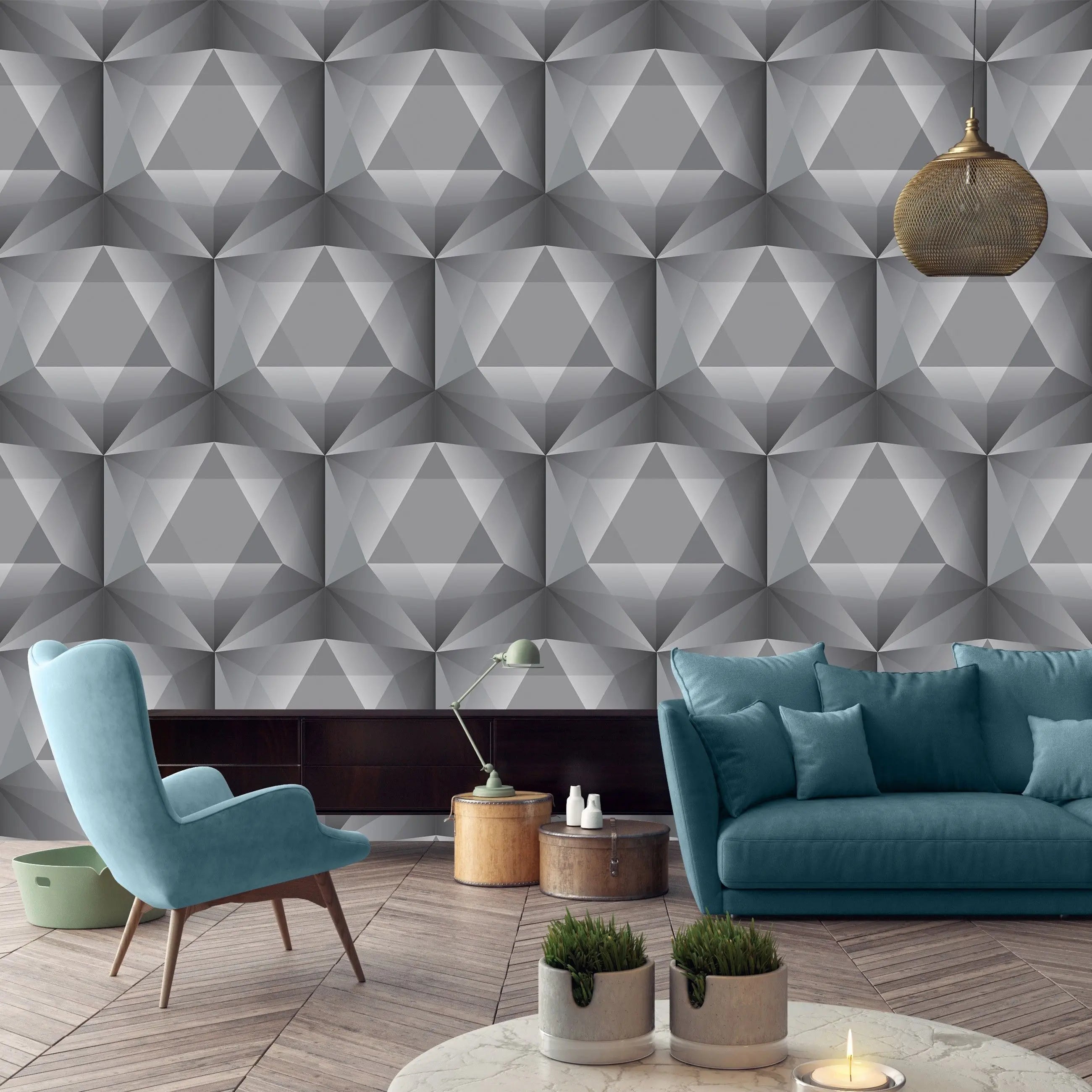 Billede 17 af Fototapet - Gråt geometrisk mønster med tredimensionelle firkanter
