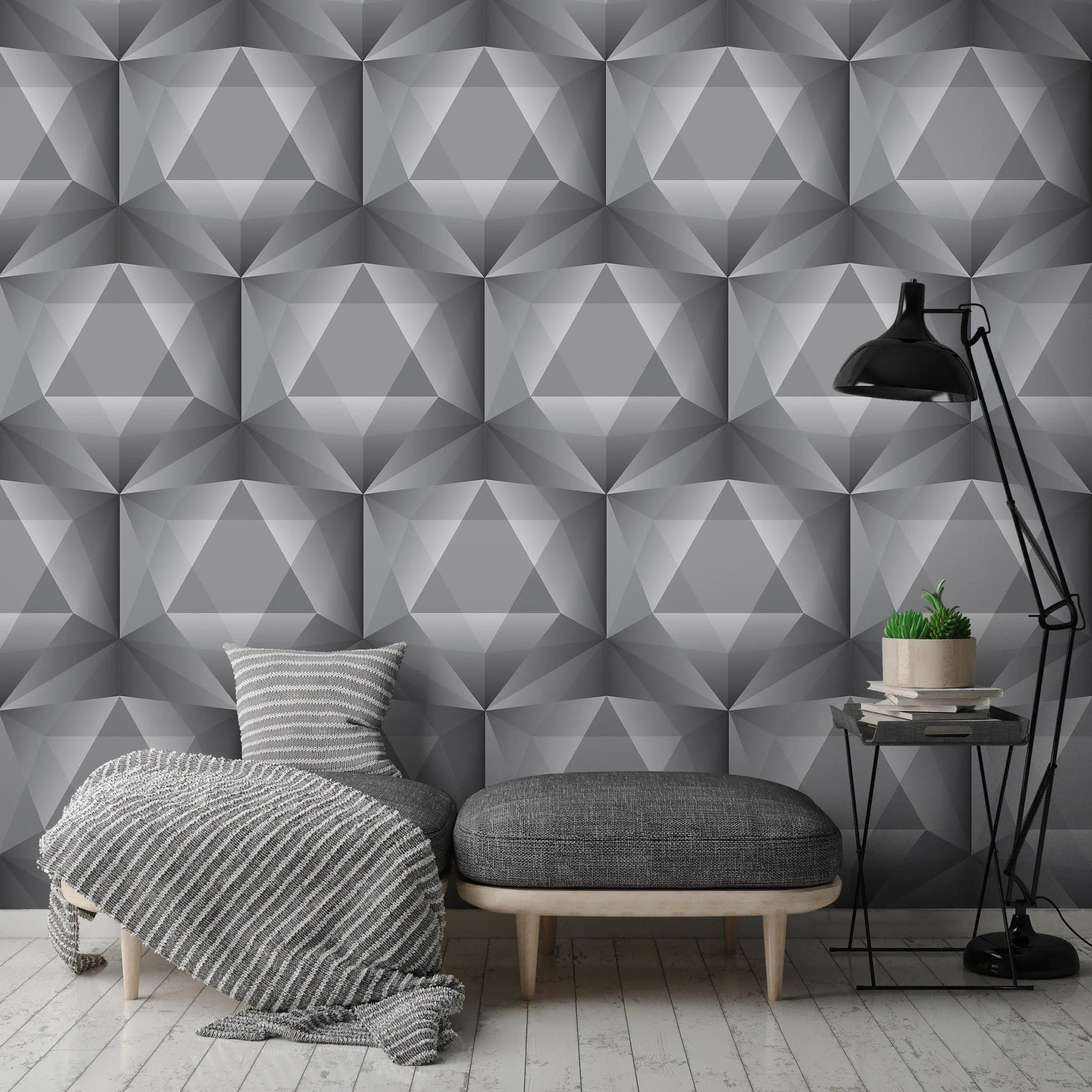 Billede 18 af Fototapet - Gråt geometrisk mønster med tredimensionelle firkanter