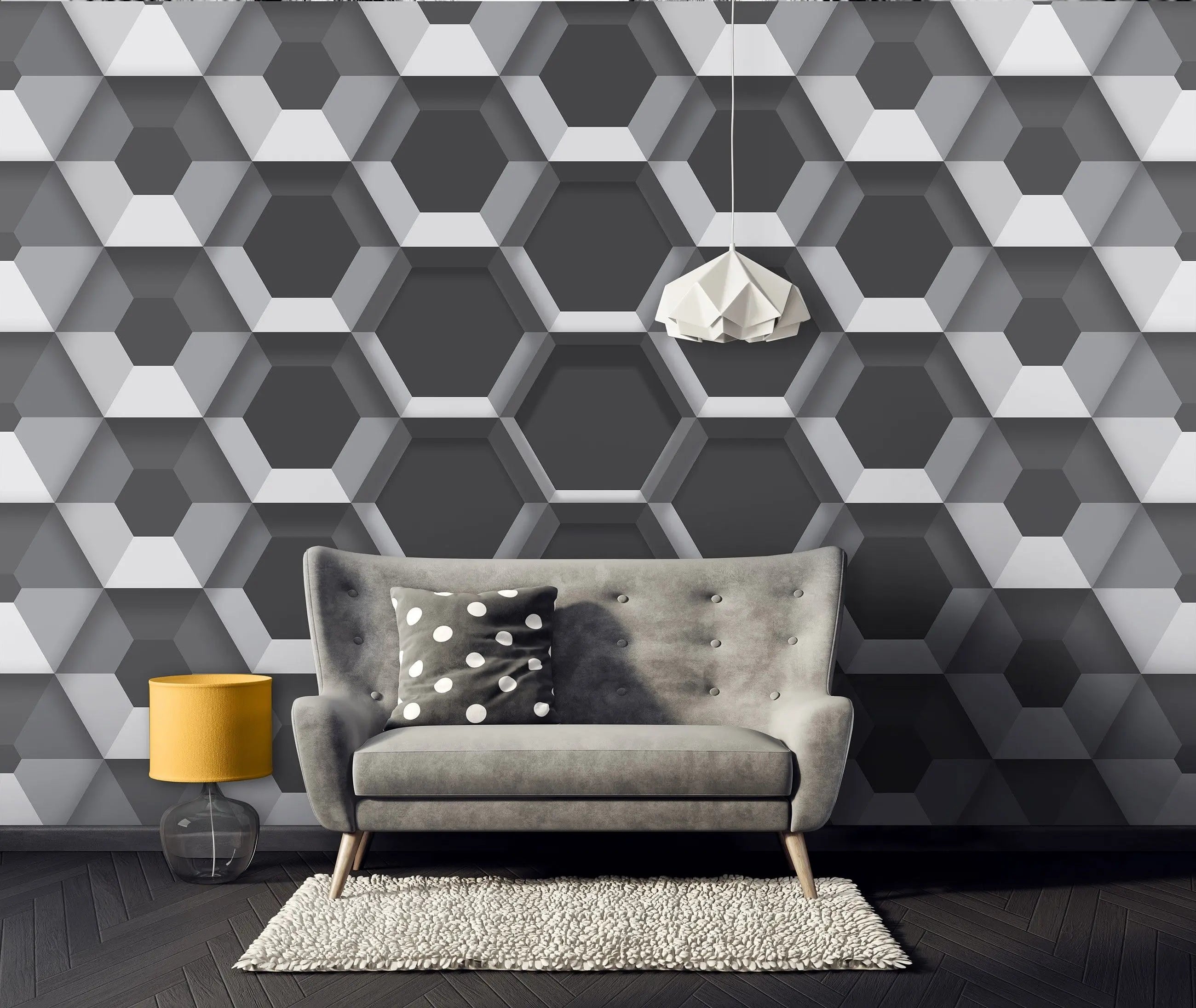 Billede 12 af Fototapet - Gråt geometrisk mønster med tredimensionelle sekskanter