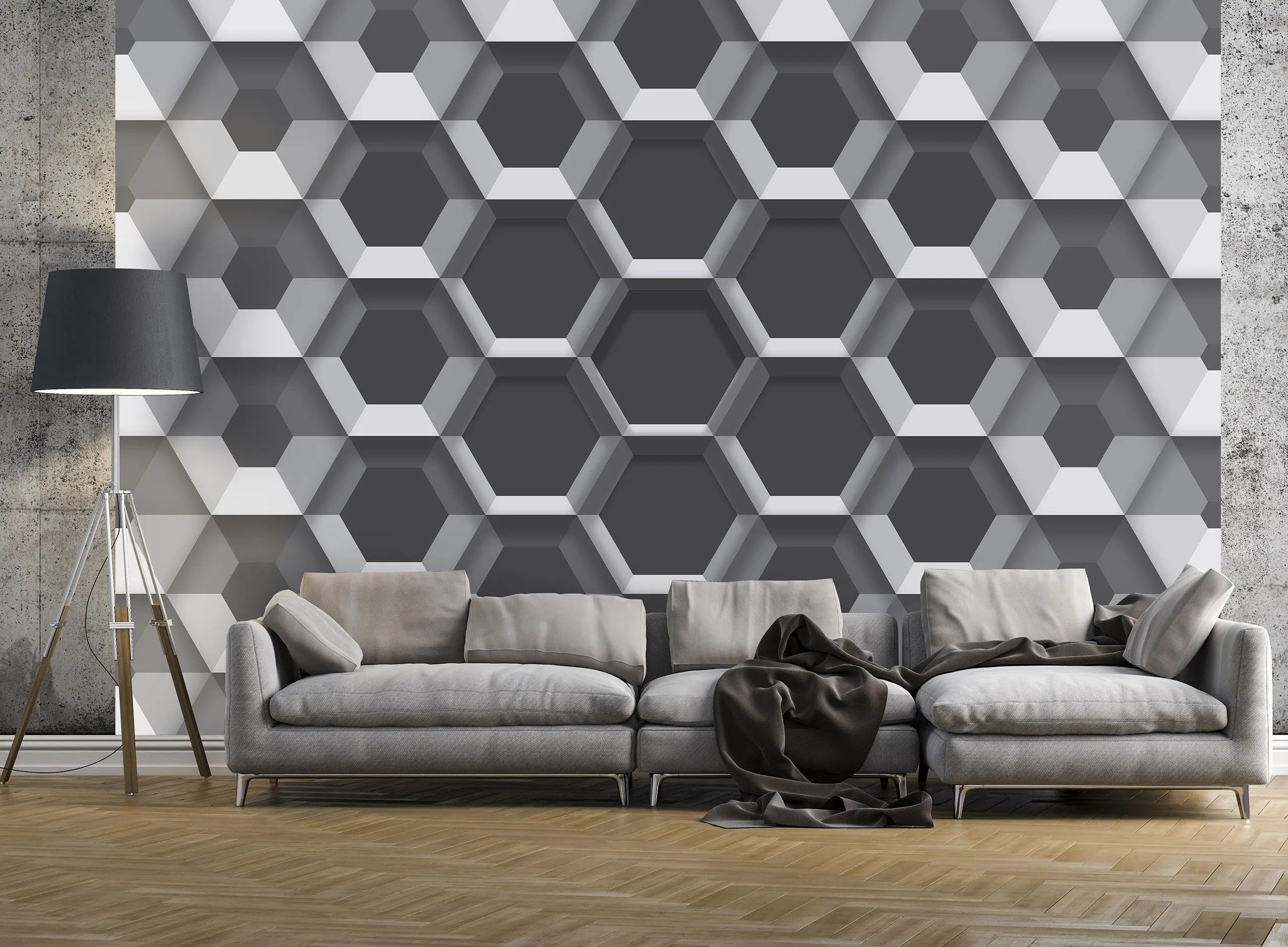Billede 13 af Fototapet - Gråt geometrisk mønster med tredimensionelle sekskanter