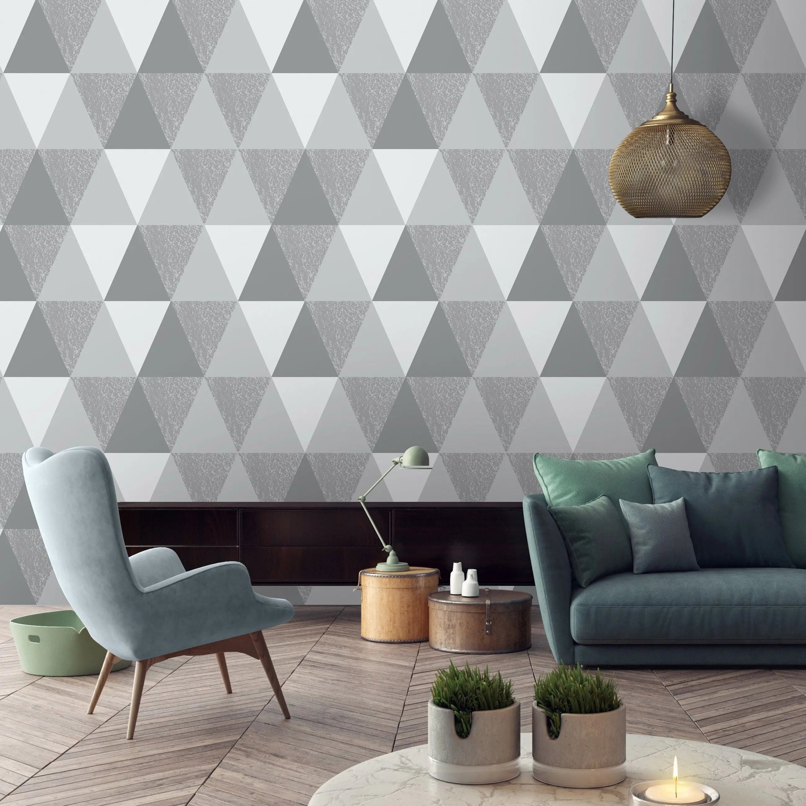 Billede 16 af Fototapet - Gråt geometrisk mønster med trekanter