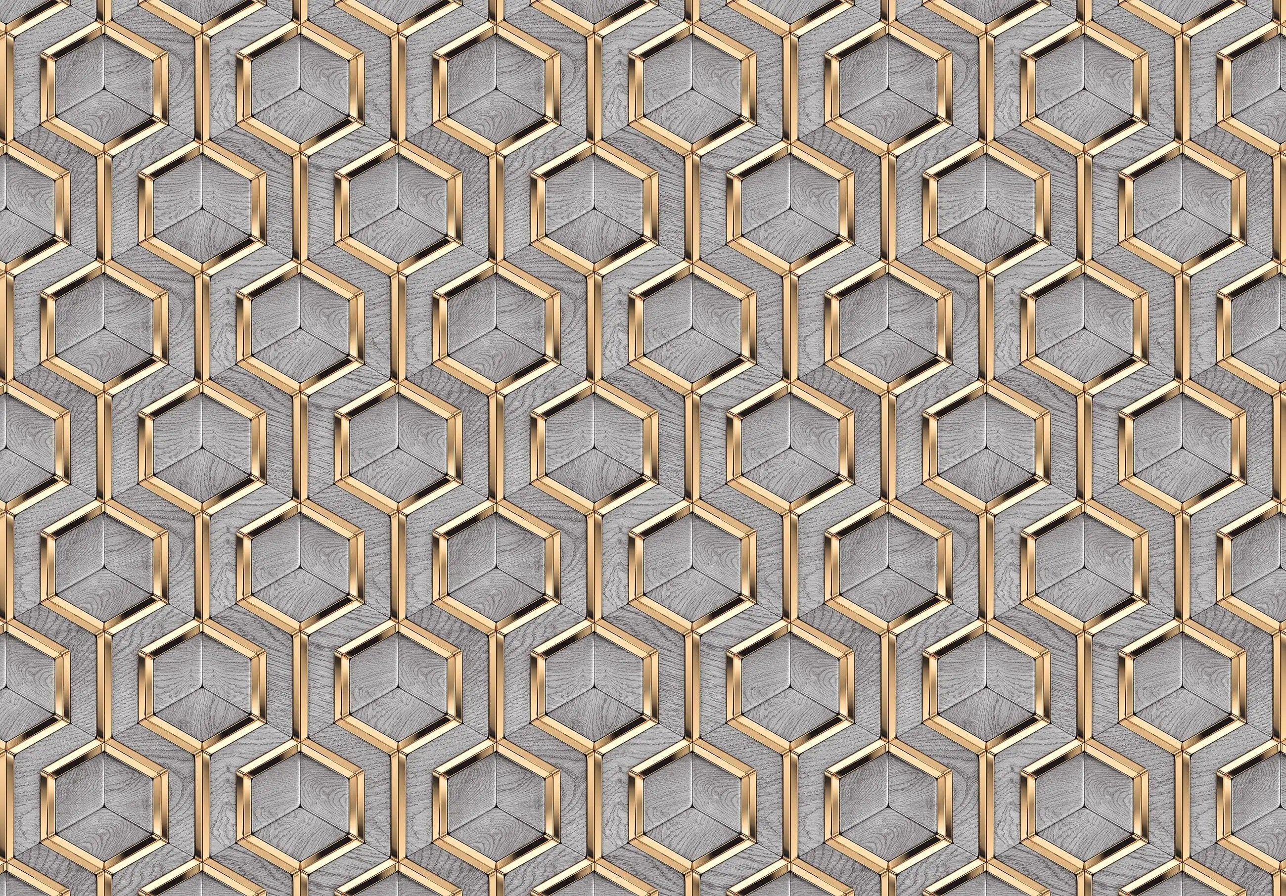 Billede 1 af Fototapet - Gråt geometrisk tapet med sekskantede gyldne rammer