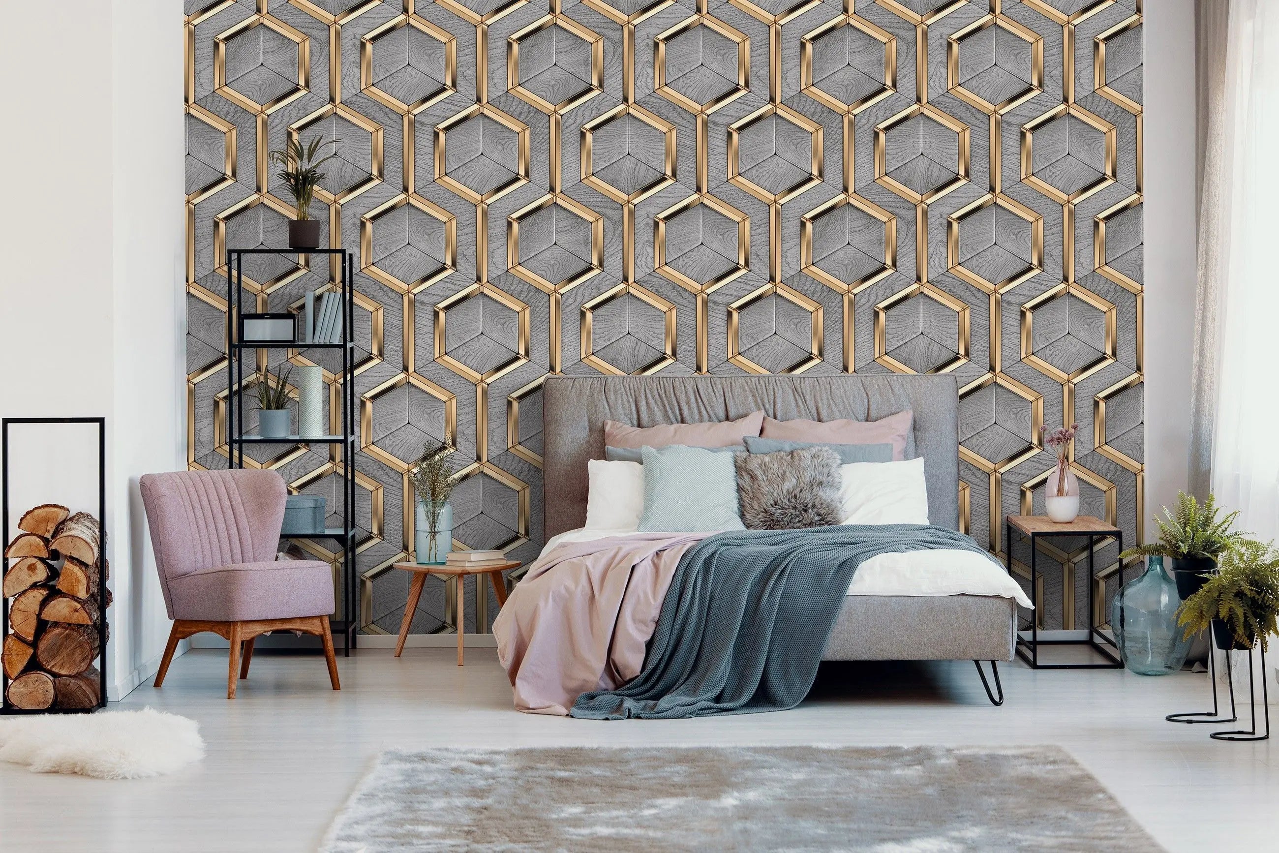 Billede 3 af Fototapet - Gråt geometrisk tapet med sekskantede gyldne rammer