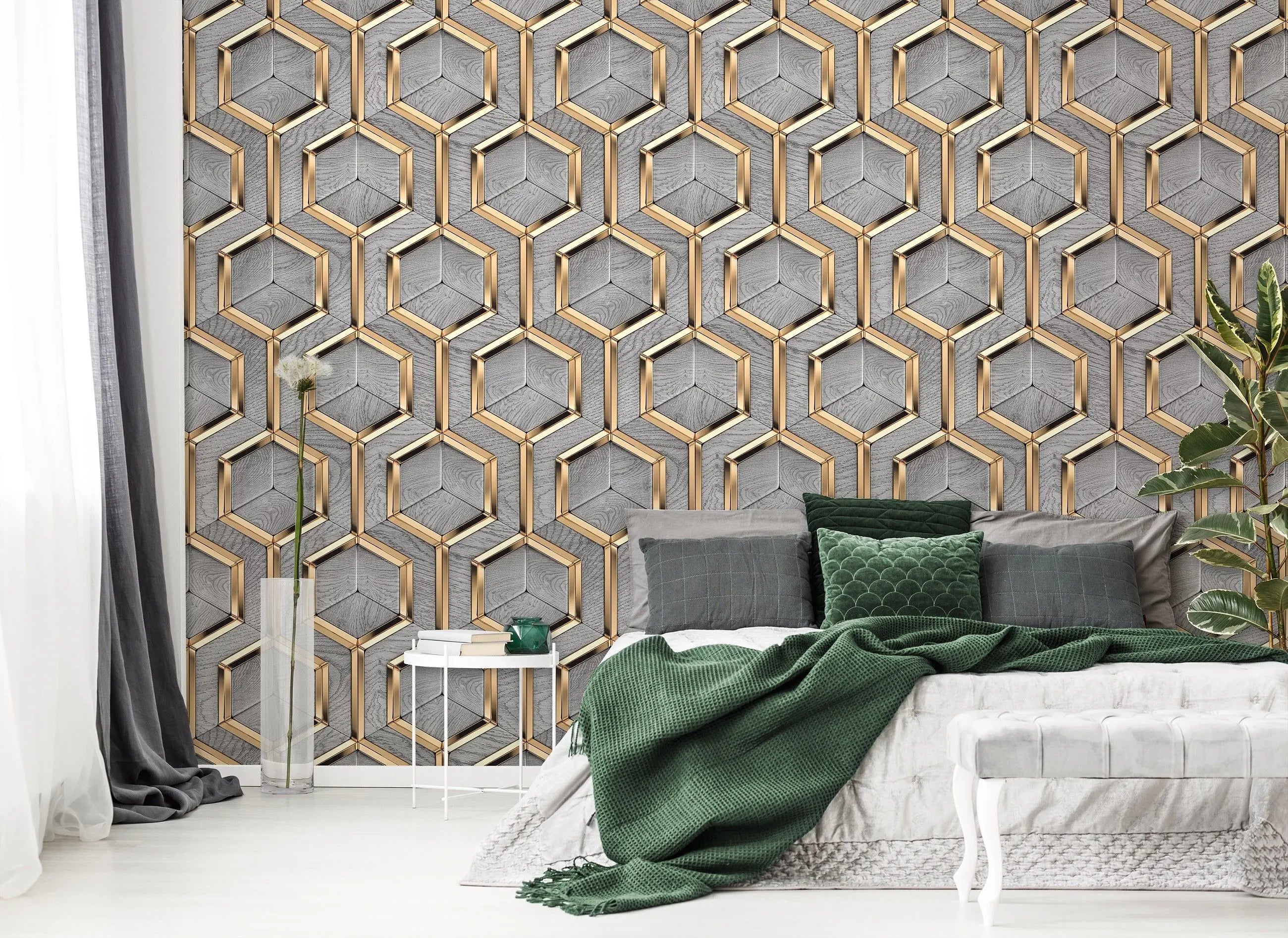 Billede 4 af Fototapet - Gråt geometrisk tapet med sekskantede gyldne rammer
