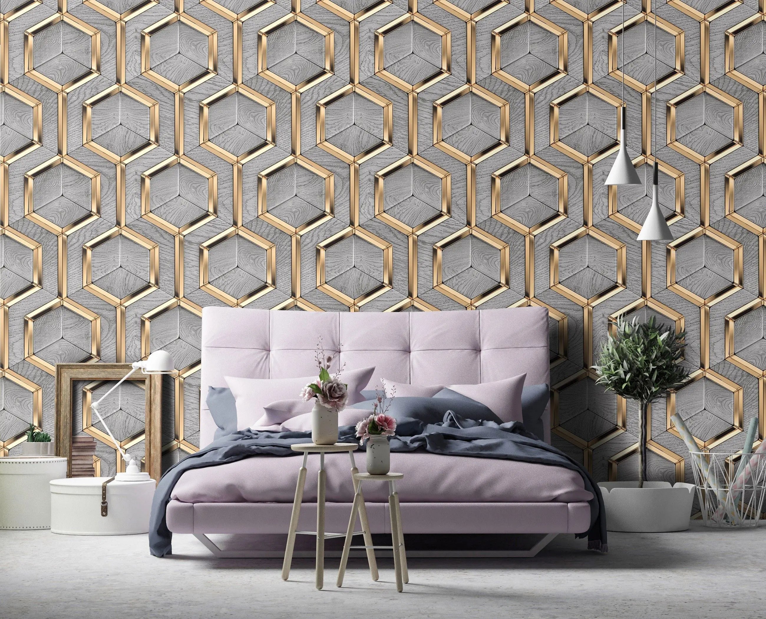 Billede 5 af Fototapet - Gråt geometrisk tapet med sekskantede gyldne rammer