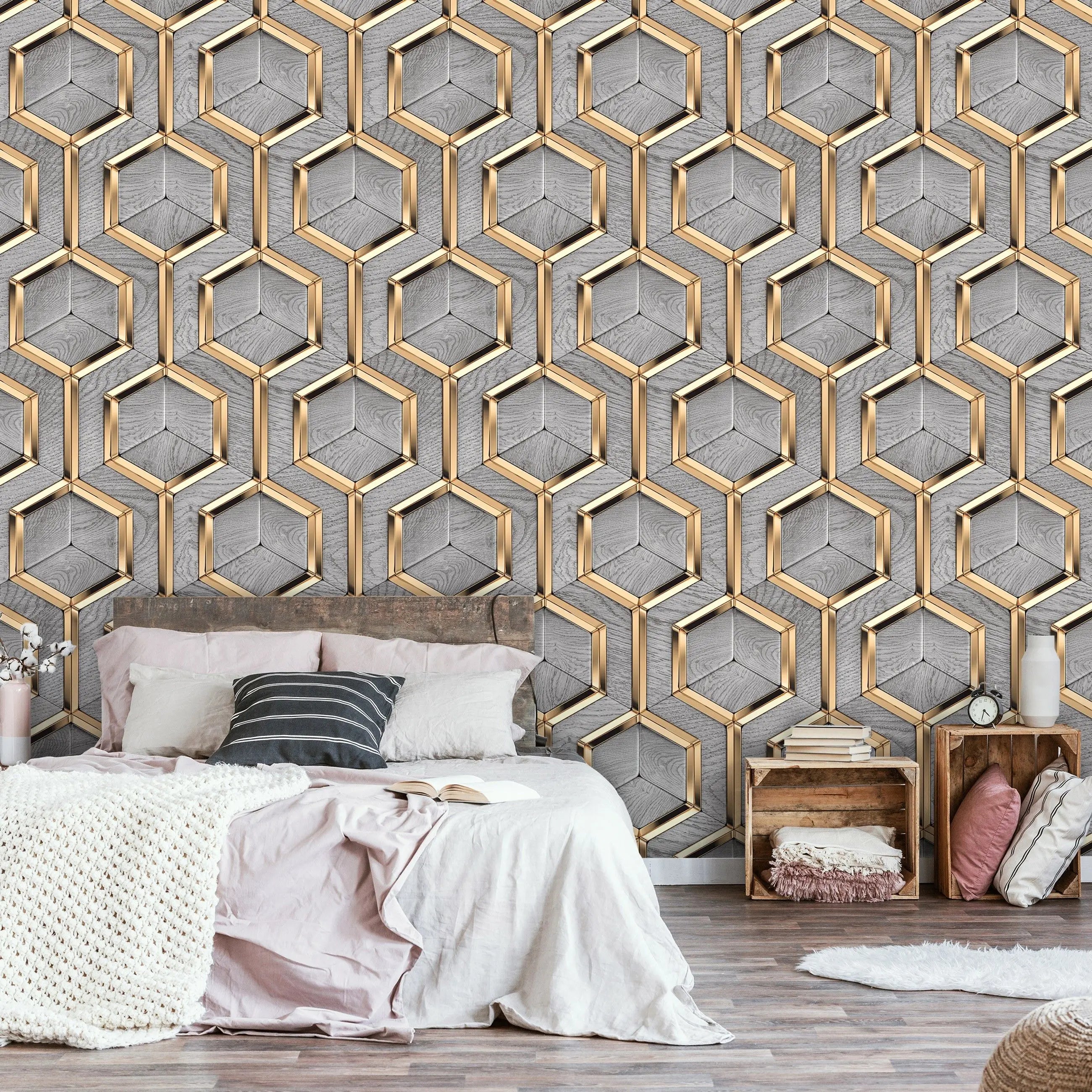 Billede 6 af Fototapet - Gråt geometrisk tapet med sekskantede gyldne rammer