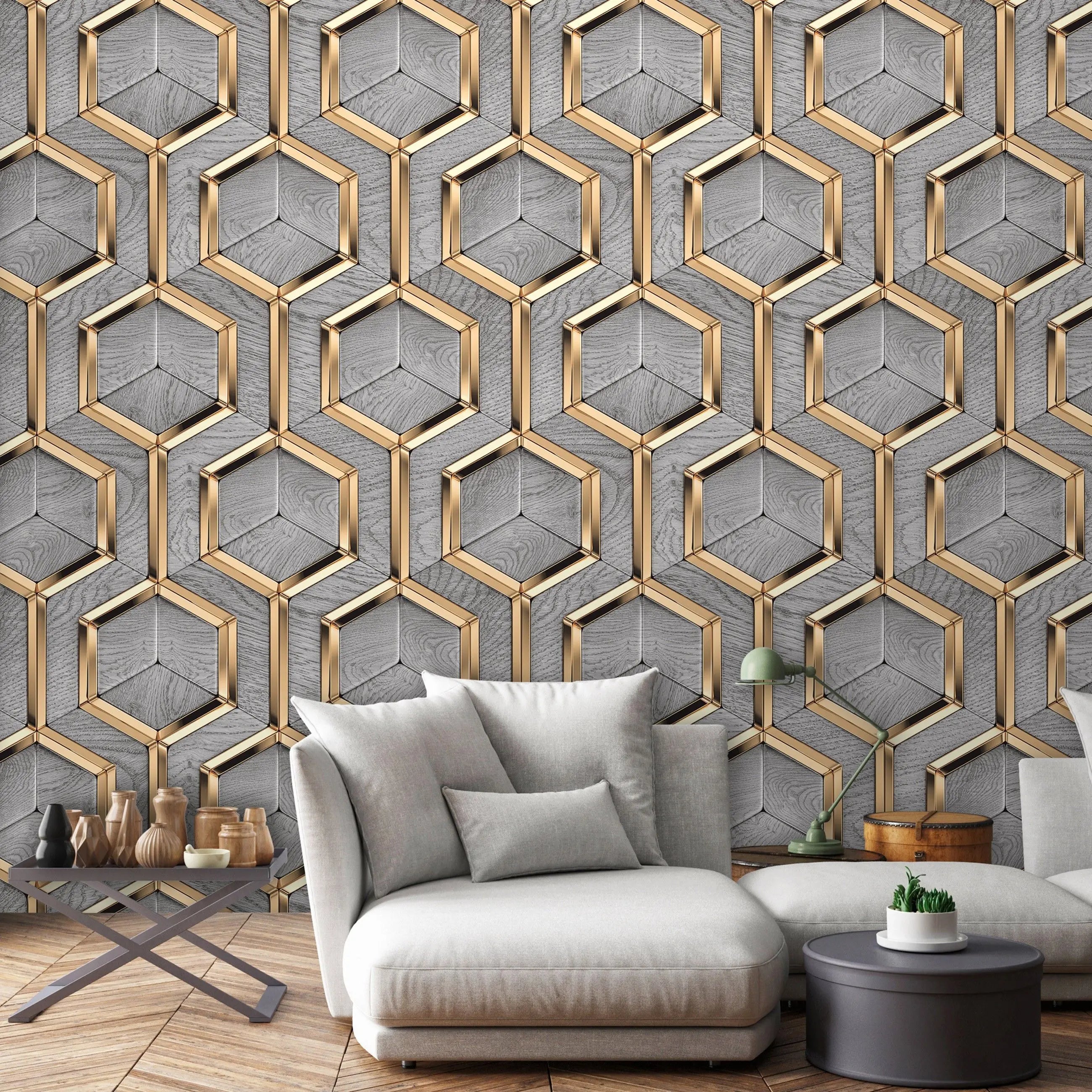 Billede 7 af Fototapet - Gråt geometrisk tapet med sekskantede gyldne rammer