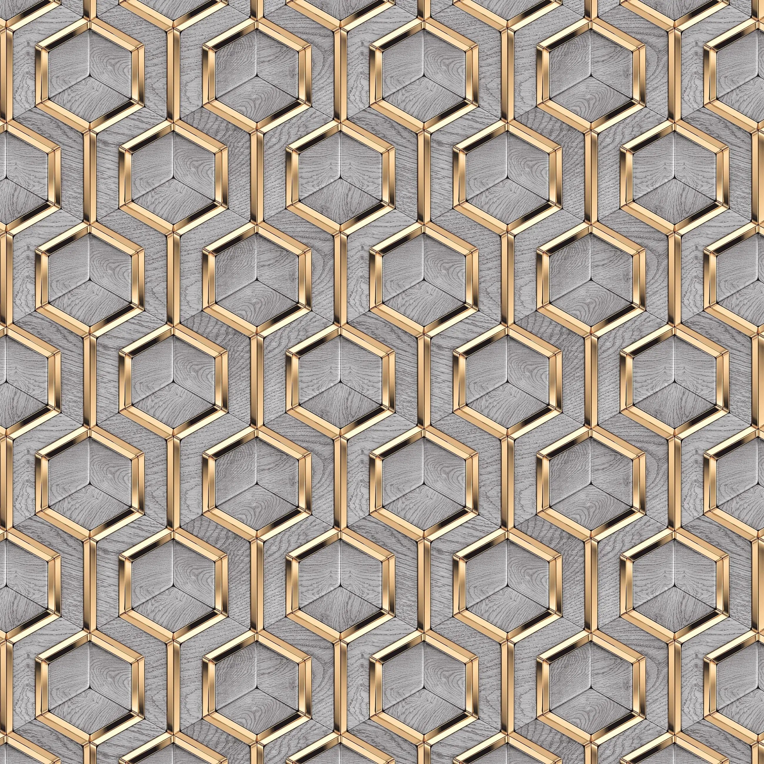 Billede 8 af Fototapet - Gråt geometrisk tapet med sekskantede gyldne rammer