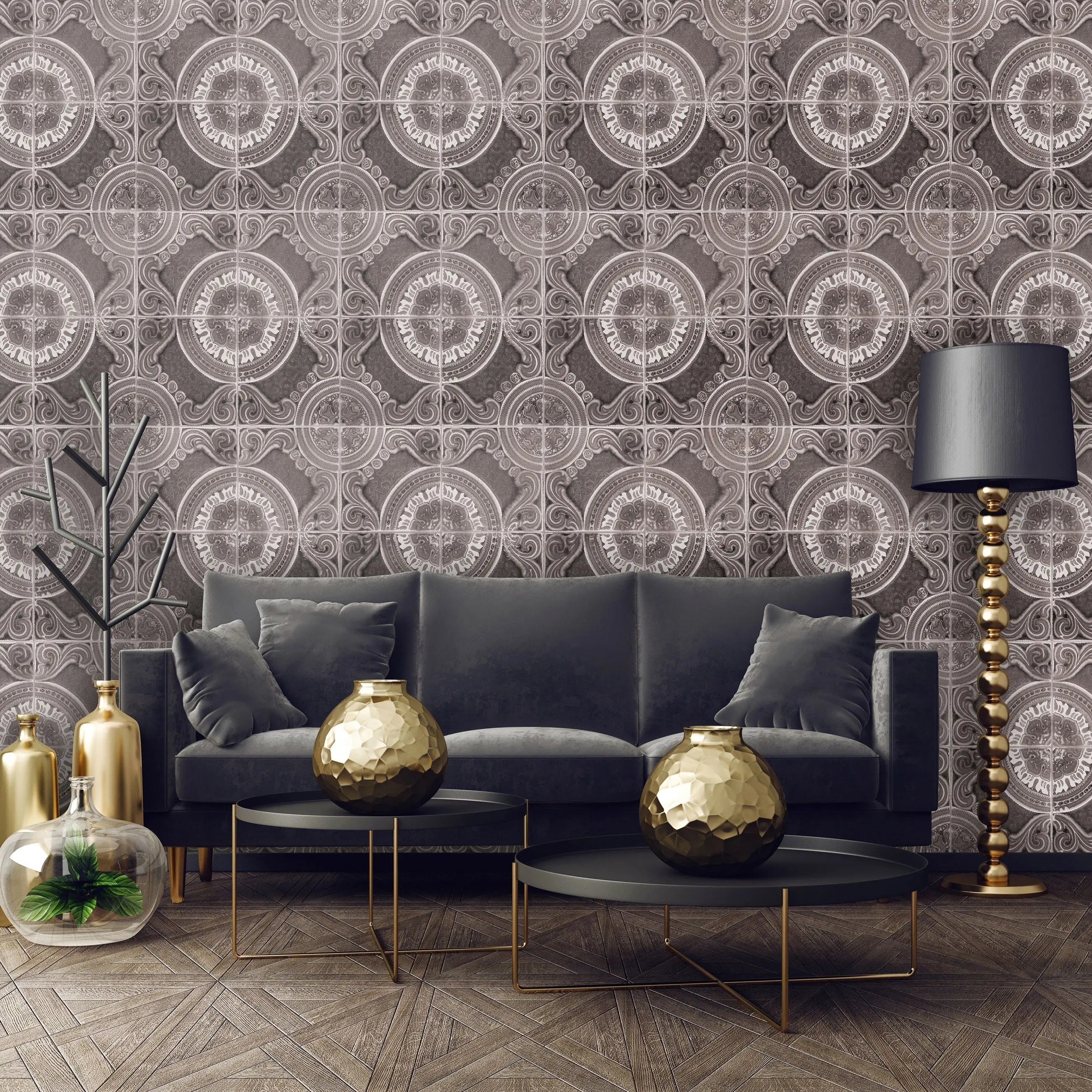 Billede 11 af Fototapet - Gråt kompasmønster med gentagende design