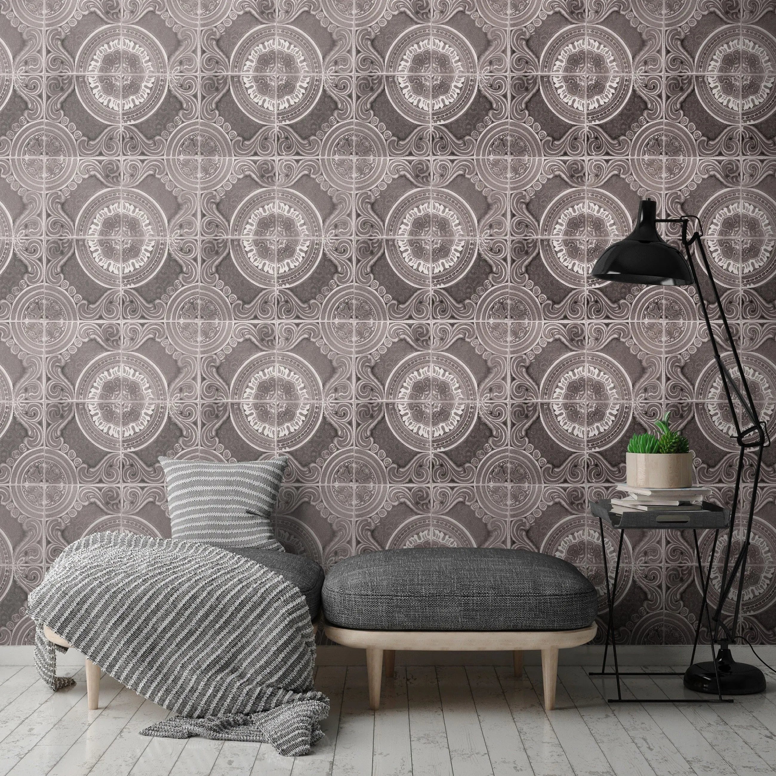 Billede 12 af Fototapet - Gråt kompasmønster med gentagende design