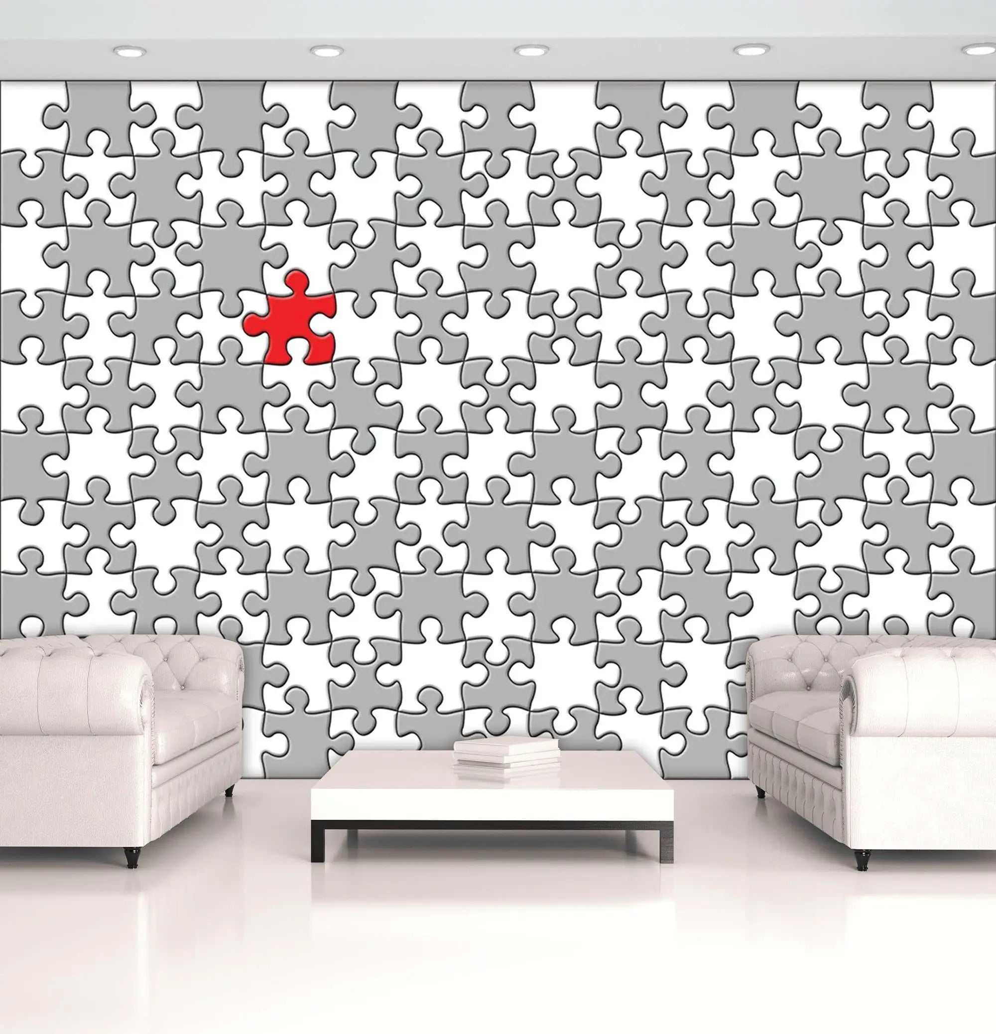 Billede 2 af Fototapet - Gråt og hvidt puslespil med en rød brik