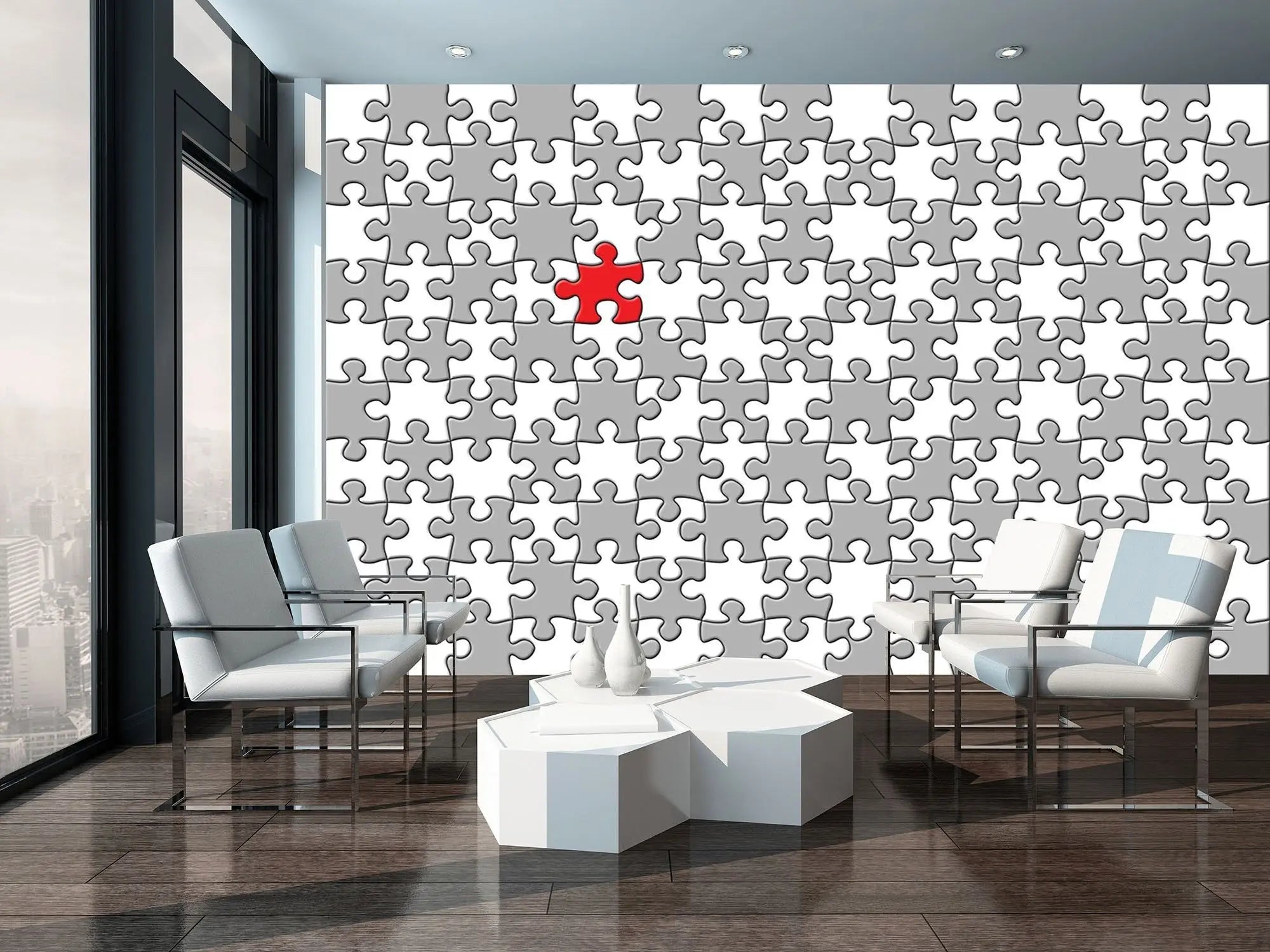 Billede 3 af Fototapet - Gråt og hvidt puslespil med en rød brik