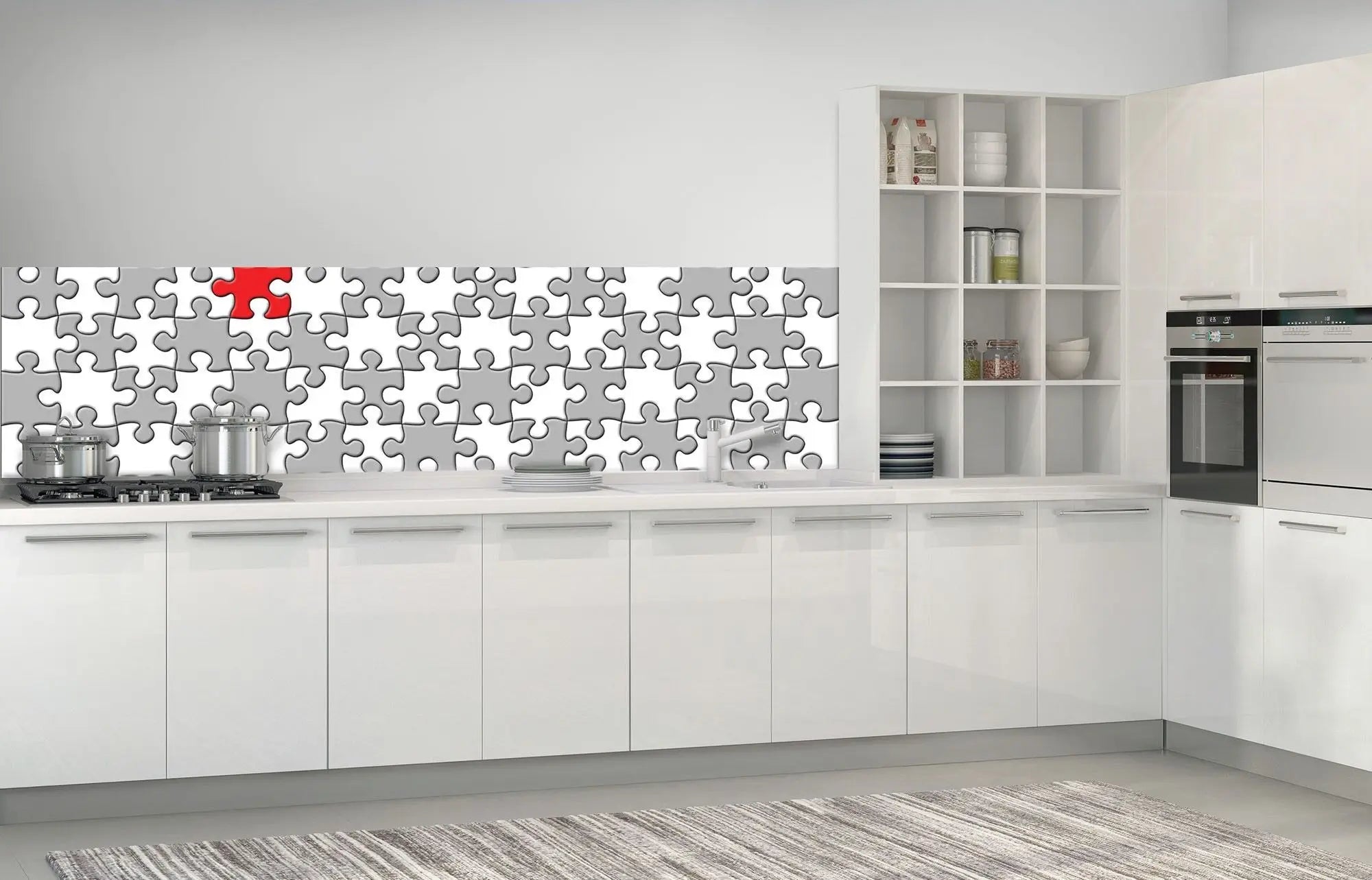 Billede 5 af Fototapet - Gråt og hvidt puslespil med en rød brik