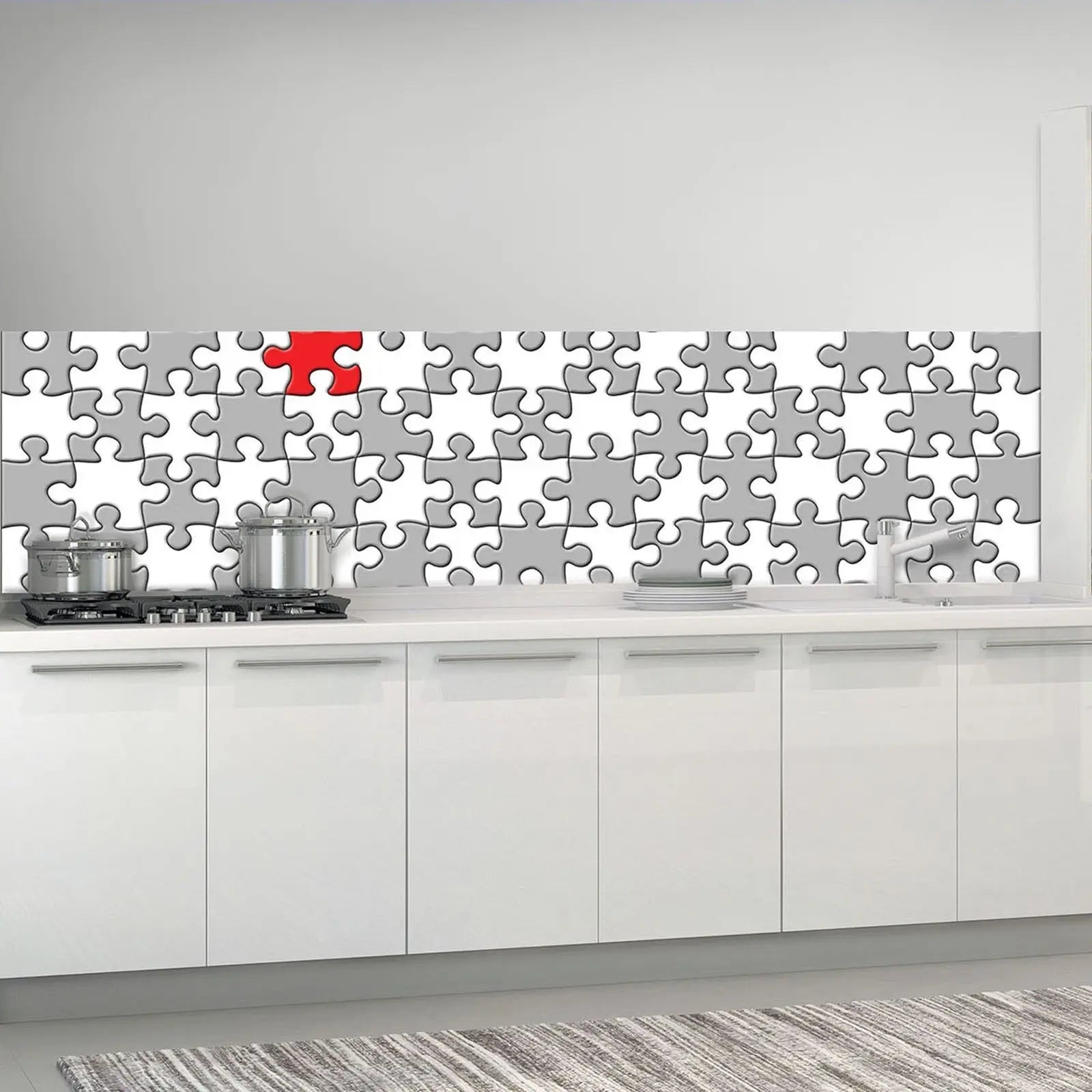 Billede 7 af Fototapet - Gråt og hvidt puslespil med en rød brik