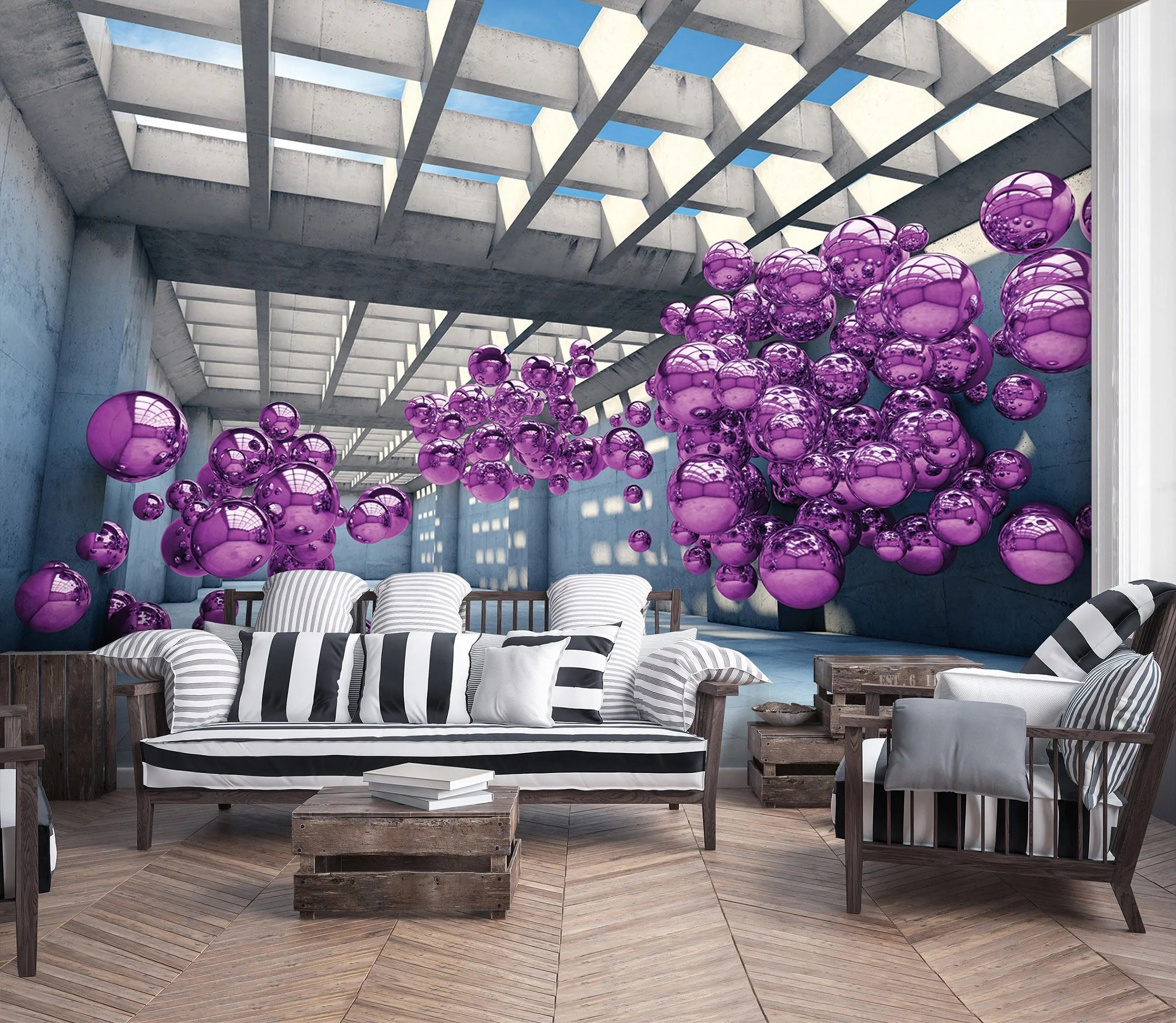 Billede 6 af Fototapet - Gråt rum med lilla kugler og gittertag