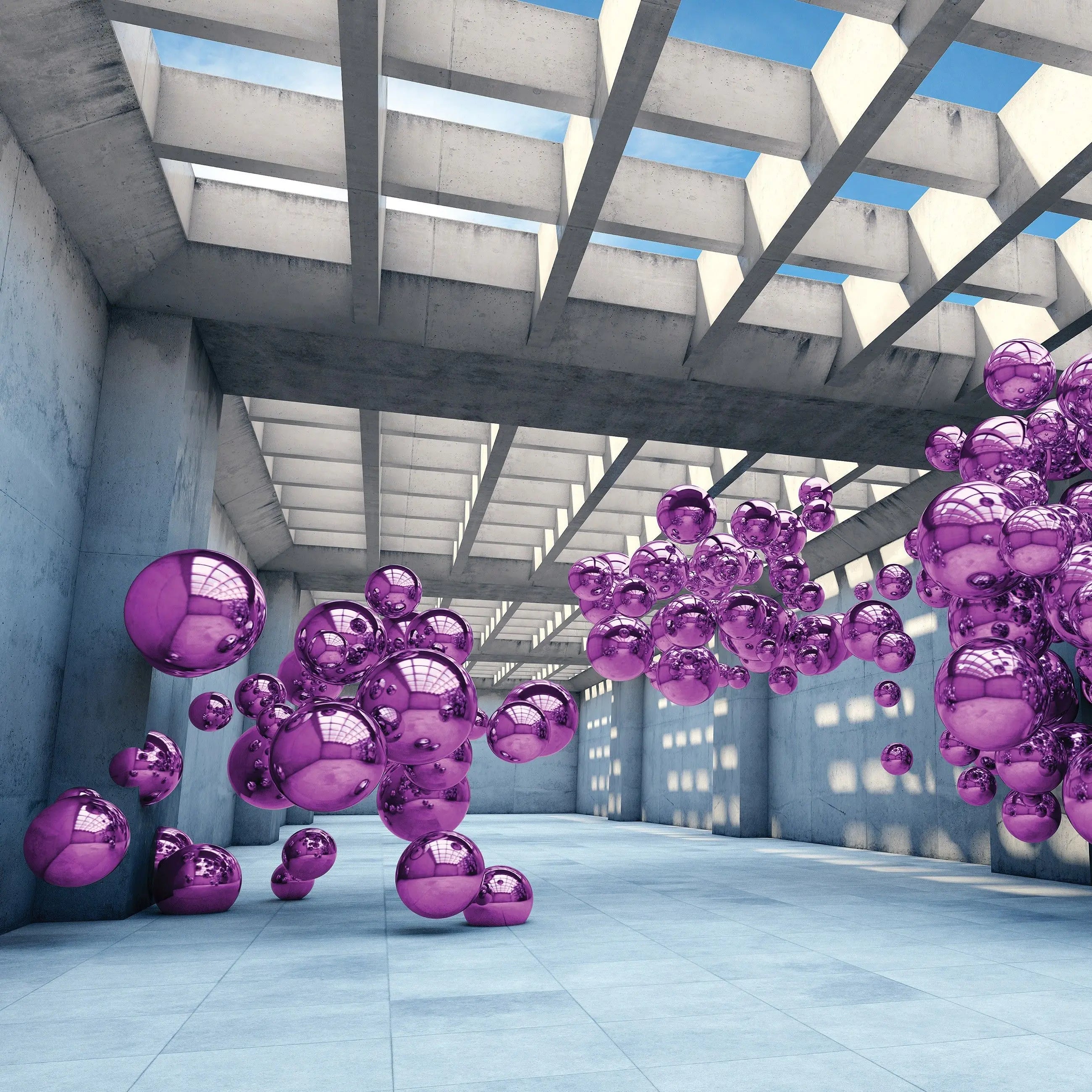 Billede 8 af Fototapet - Gråt rum med lilla kugler og gittertag