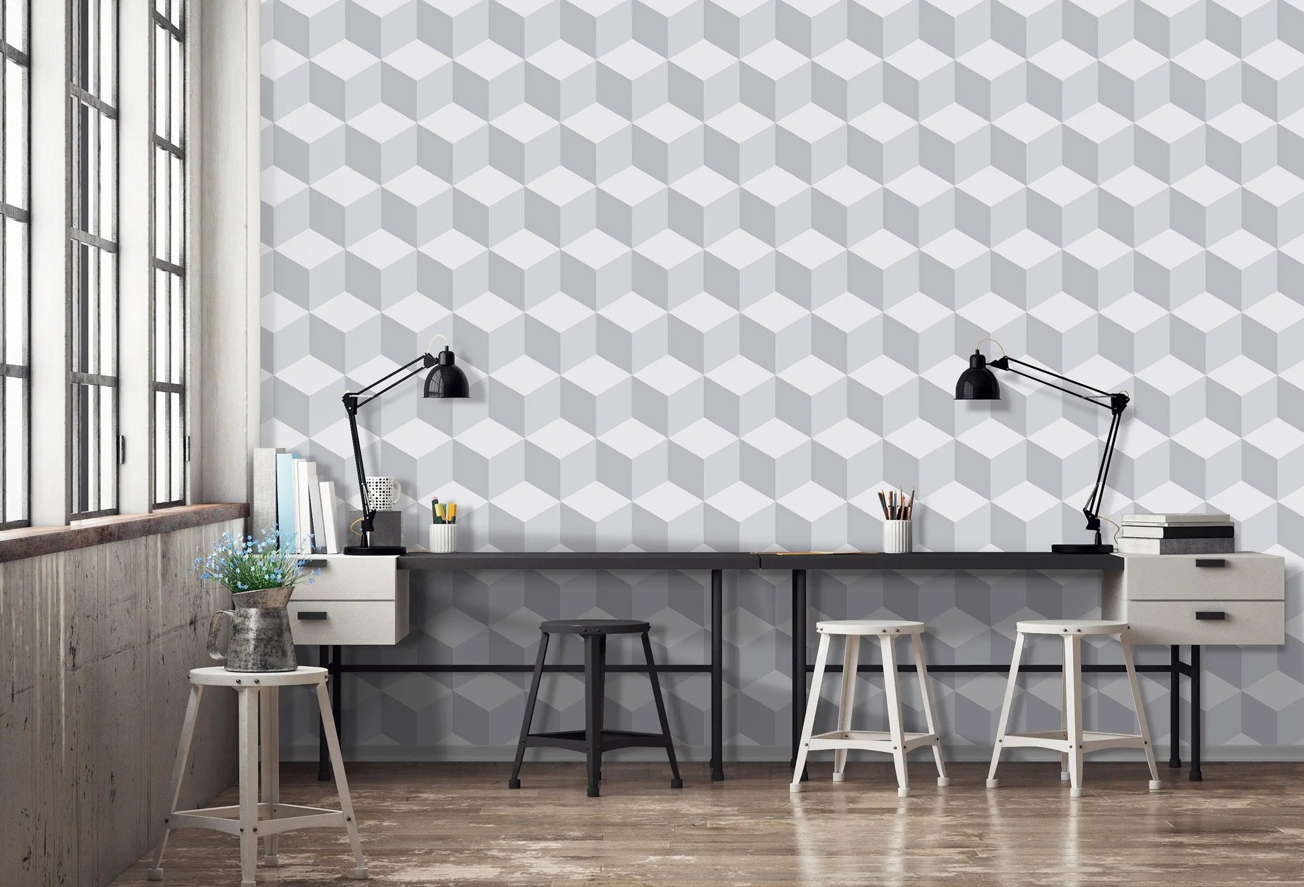 Billede 12 af Fototapet - Gråt tredimensionelt kubemønster