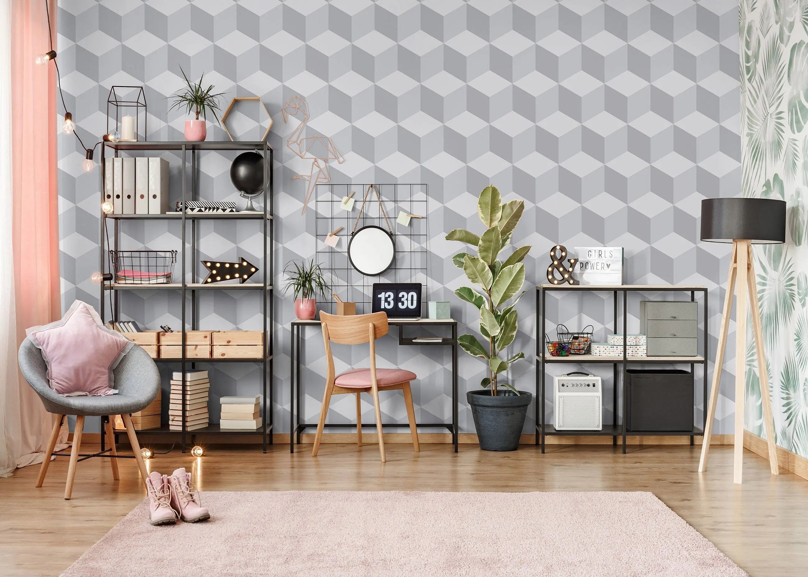 Billede 13 af Fototapet - Gråt tredimensionelt kubemønster