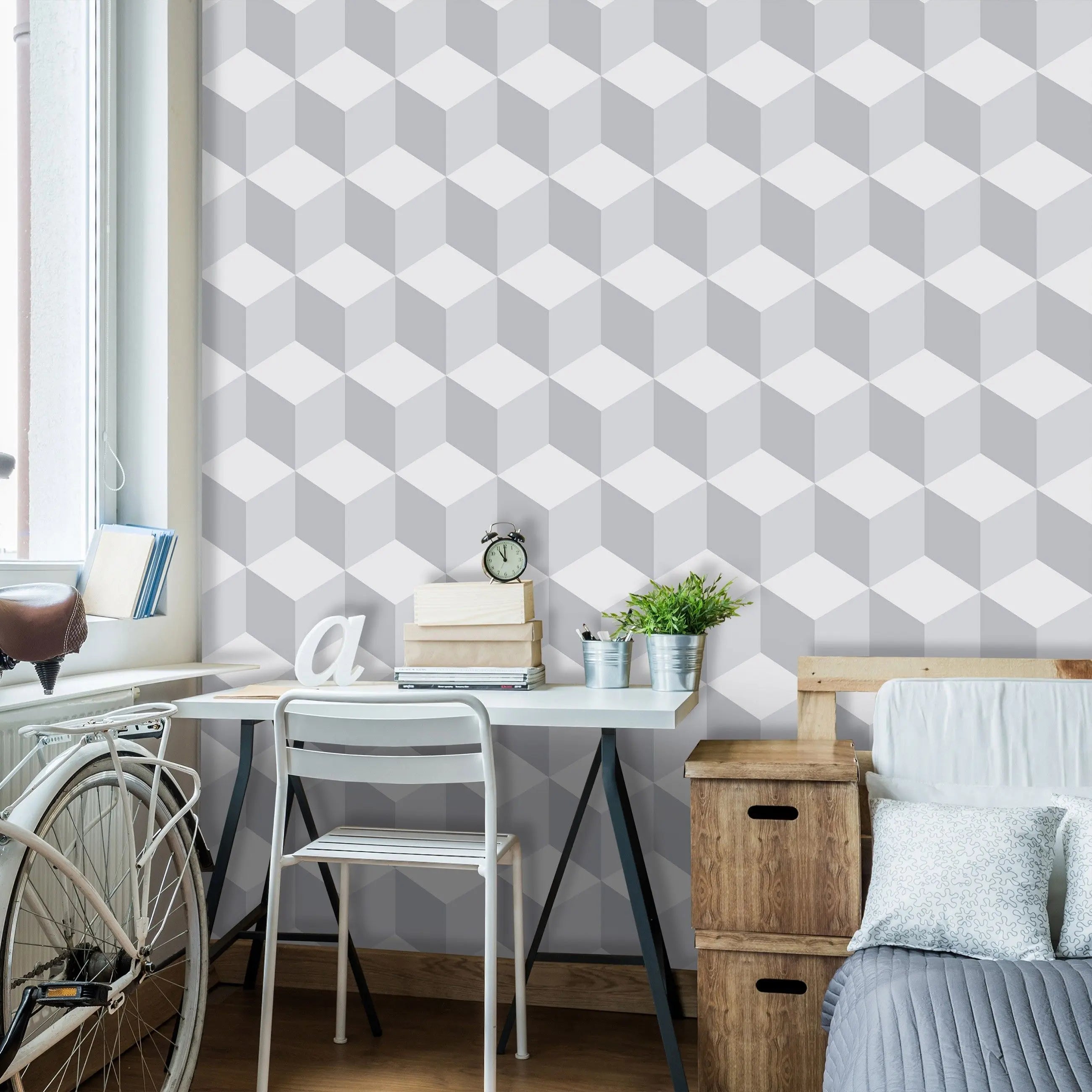 Billede 15 af Fototapet - Gråt tredimensionelt kubemønster