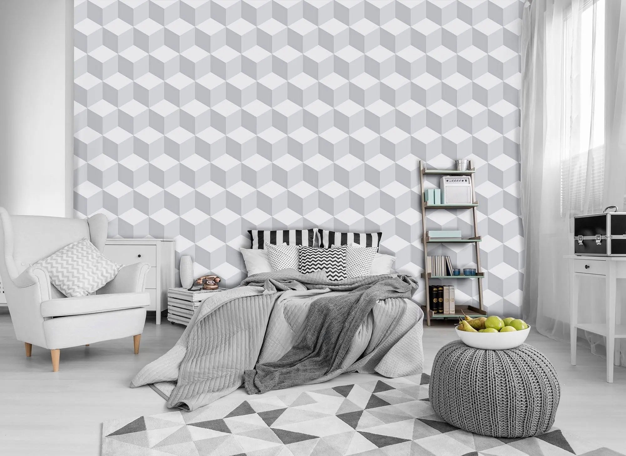 Billede 2 af Fototapet - Gråt tredimensionelt kubemønster