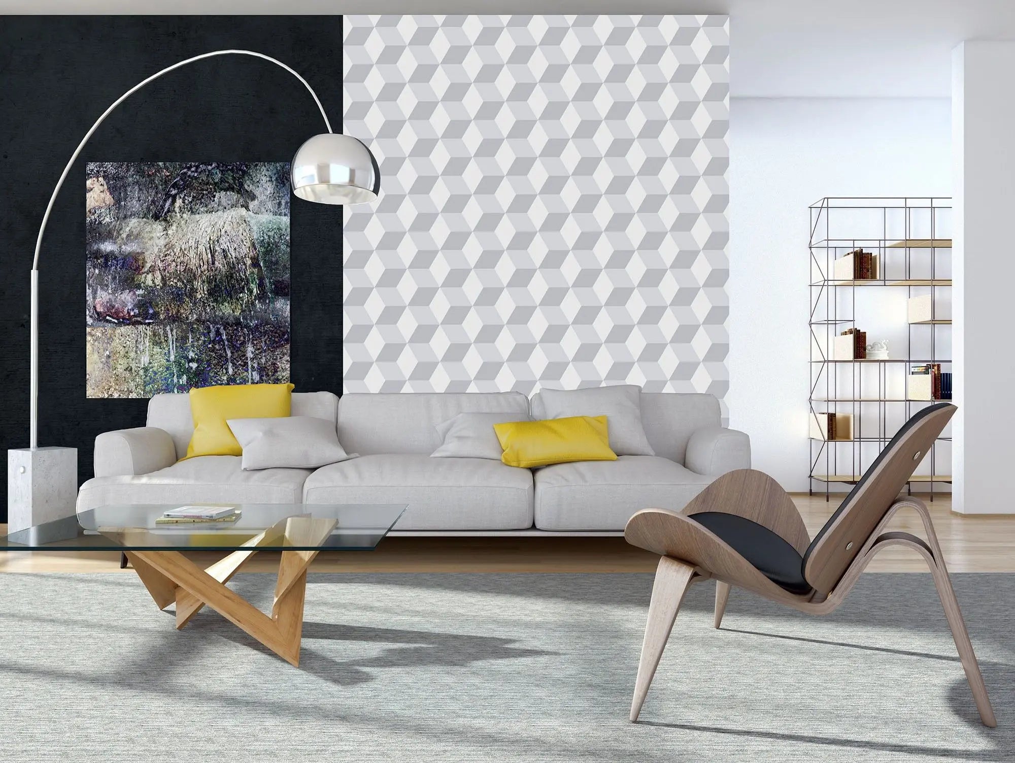 Billede 6 af Fototapet - Gråt tredimensionelt kubemønster