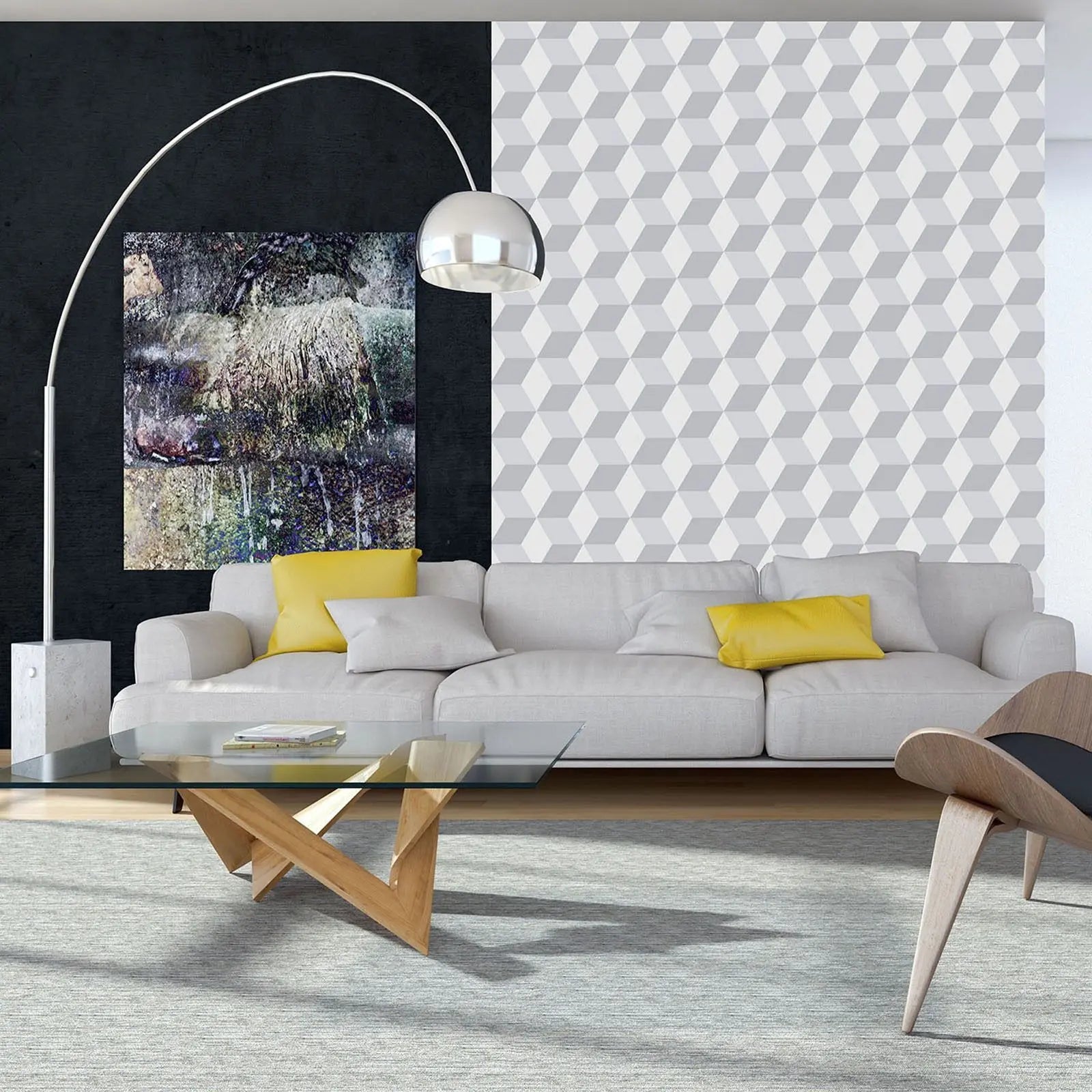 Billede 7 af Fototapet - Gråt tredimensionelt kubemønster