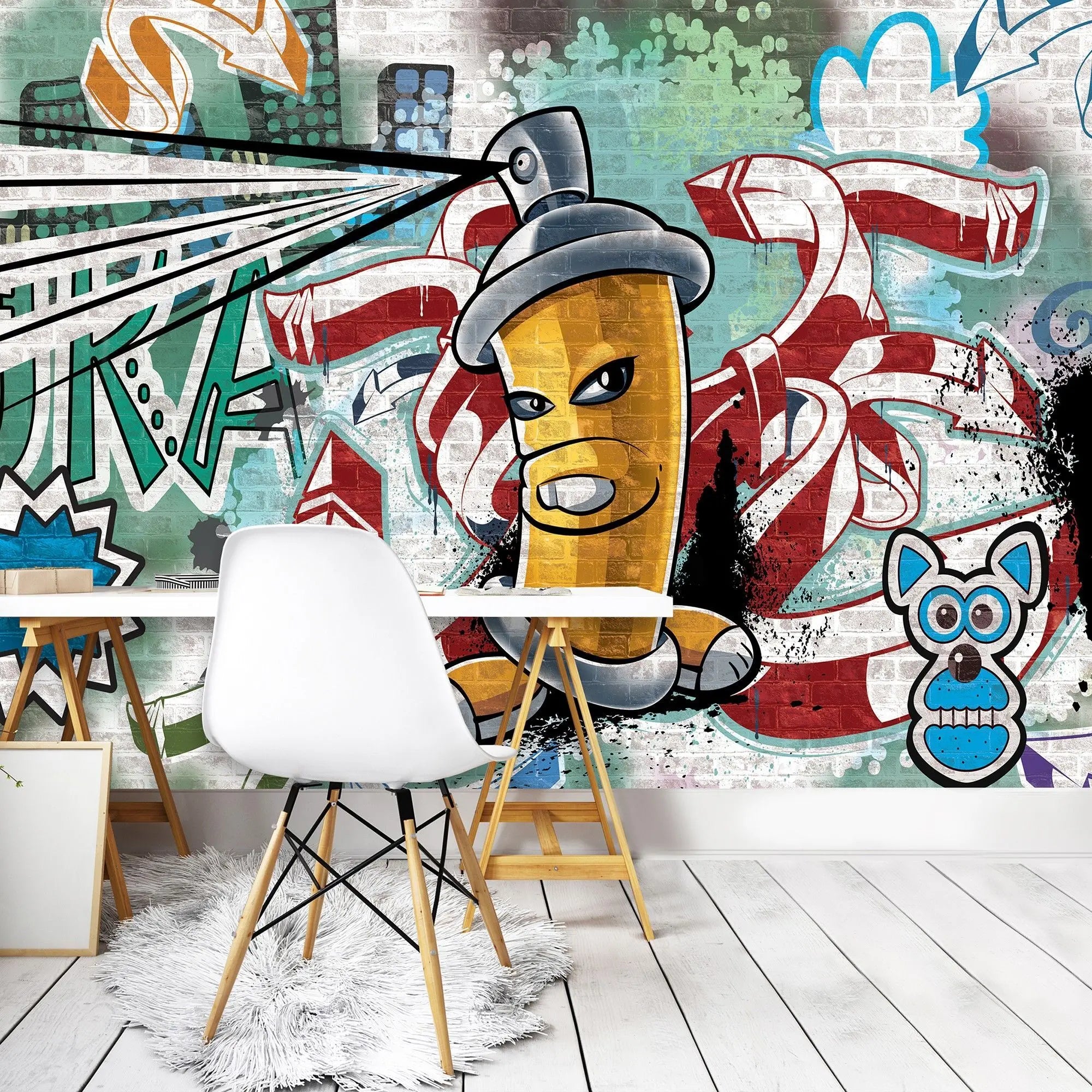 Billede 4 af Fototapet - Graffiti med gul spraydåse og abstrakte former på murstensvæg