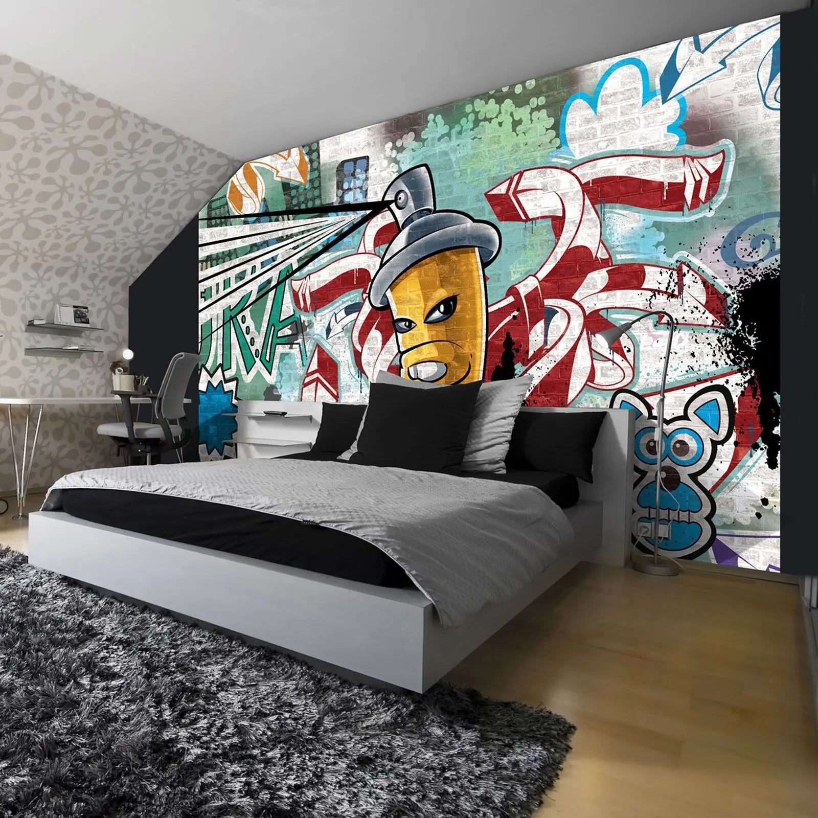 Billede 6 af Fototapet - Graffiti med gul spraydåse og abstrakte former på murstensvæg