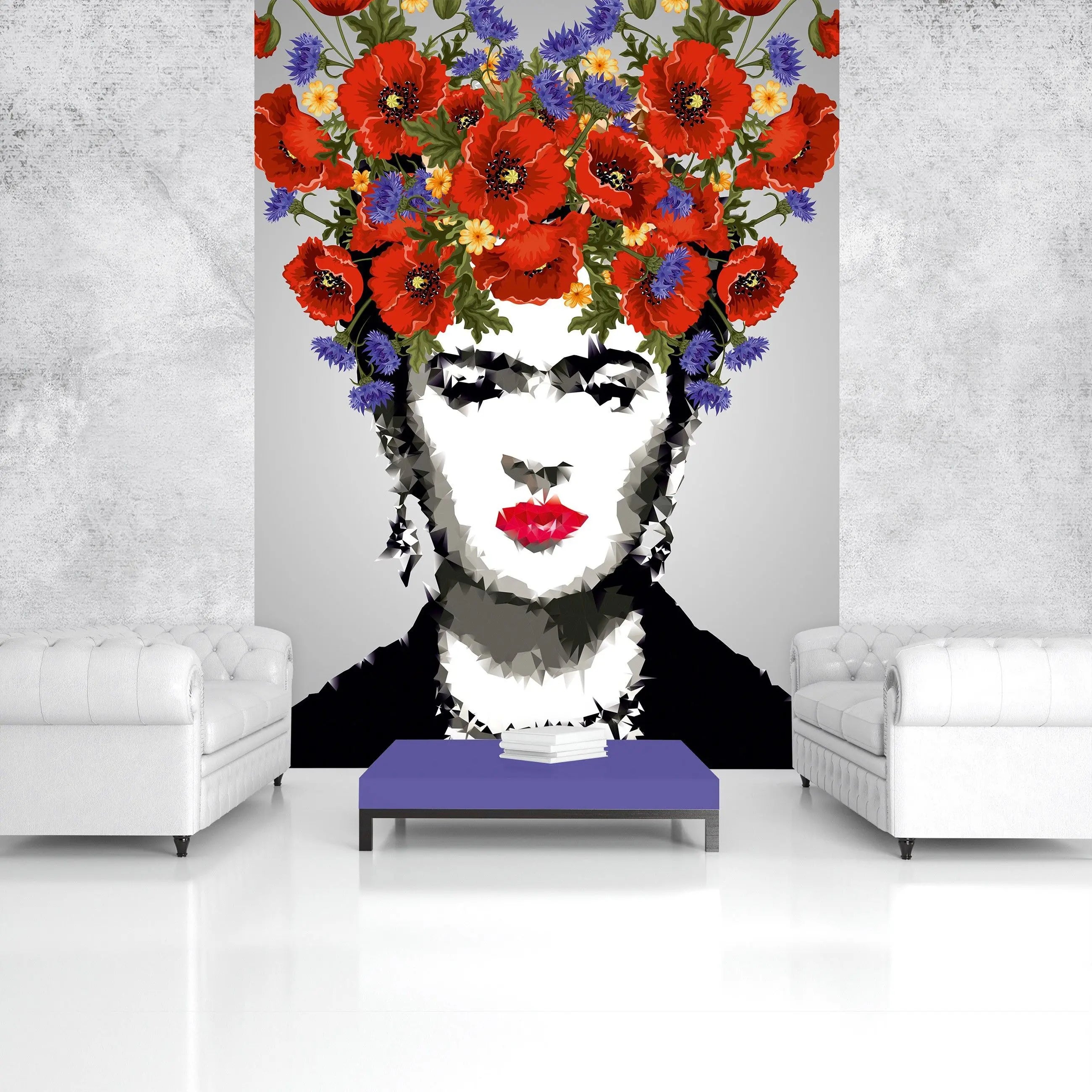 Billede 6 af Fototapet - Grafisk kvindeportræt med røde valmuer og blå kornblomster