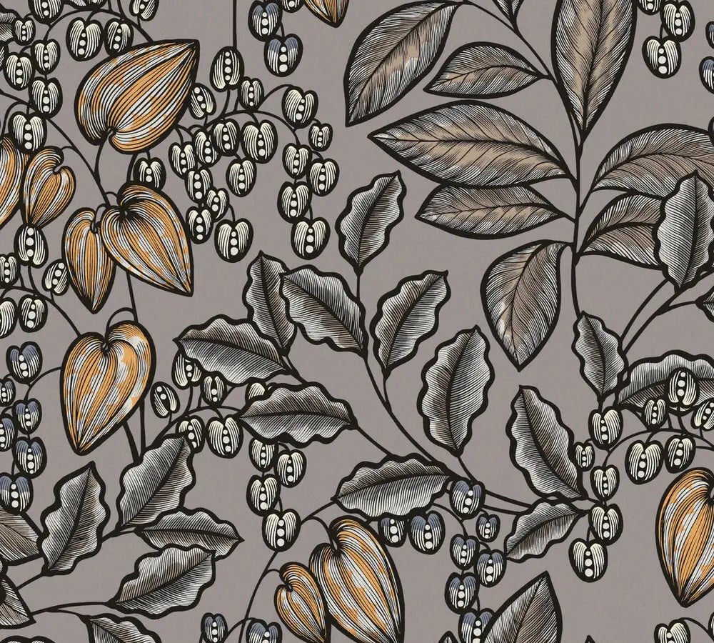 Detaljeret illustration af Gravure Botanique - Twilight tapet med botaniske mønstre i grå, orange og hvide nuancer.