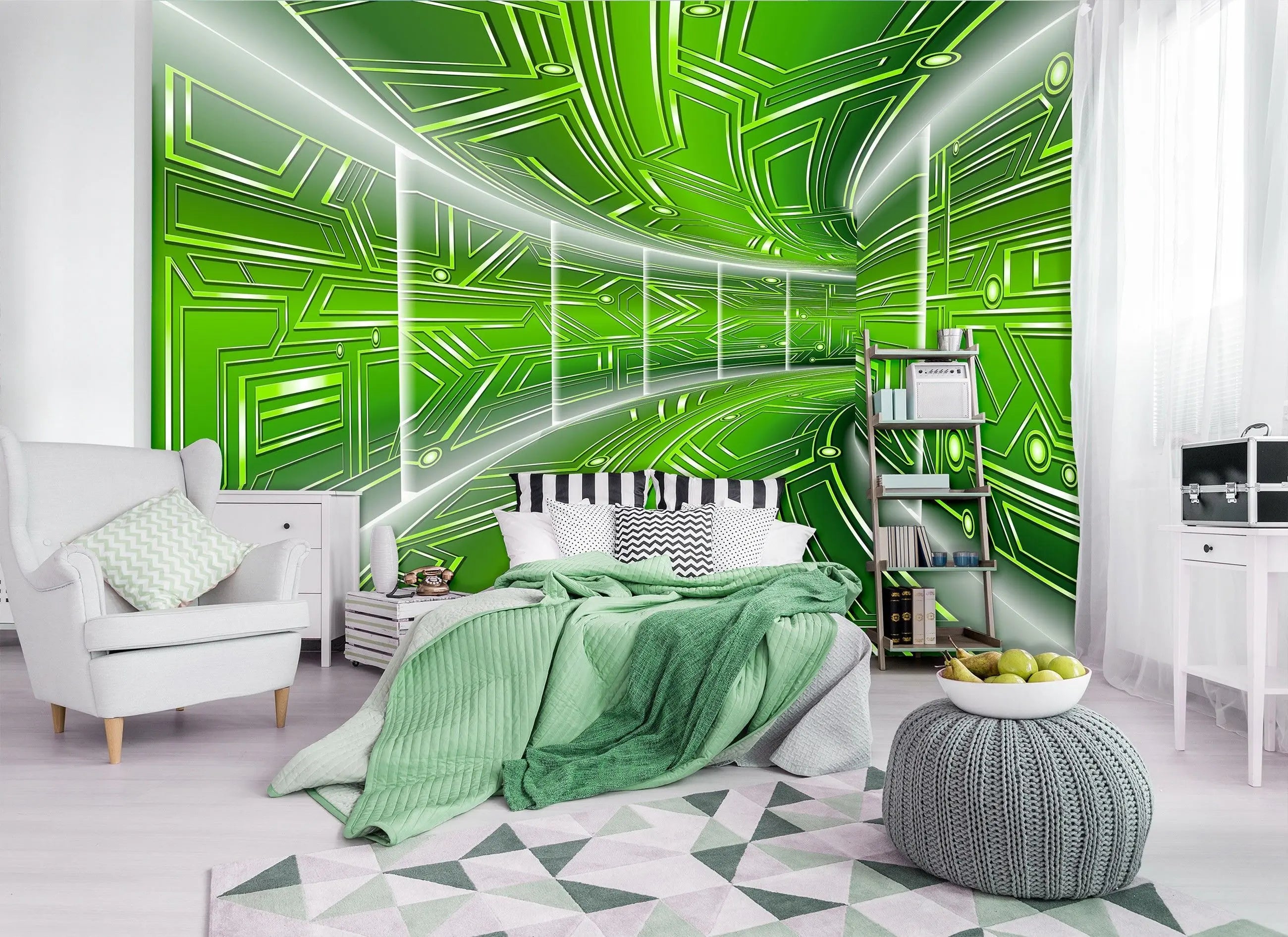 Billede 13 af Fototapet - Grøn futuristisk tunnel med geometriske mønstre